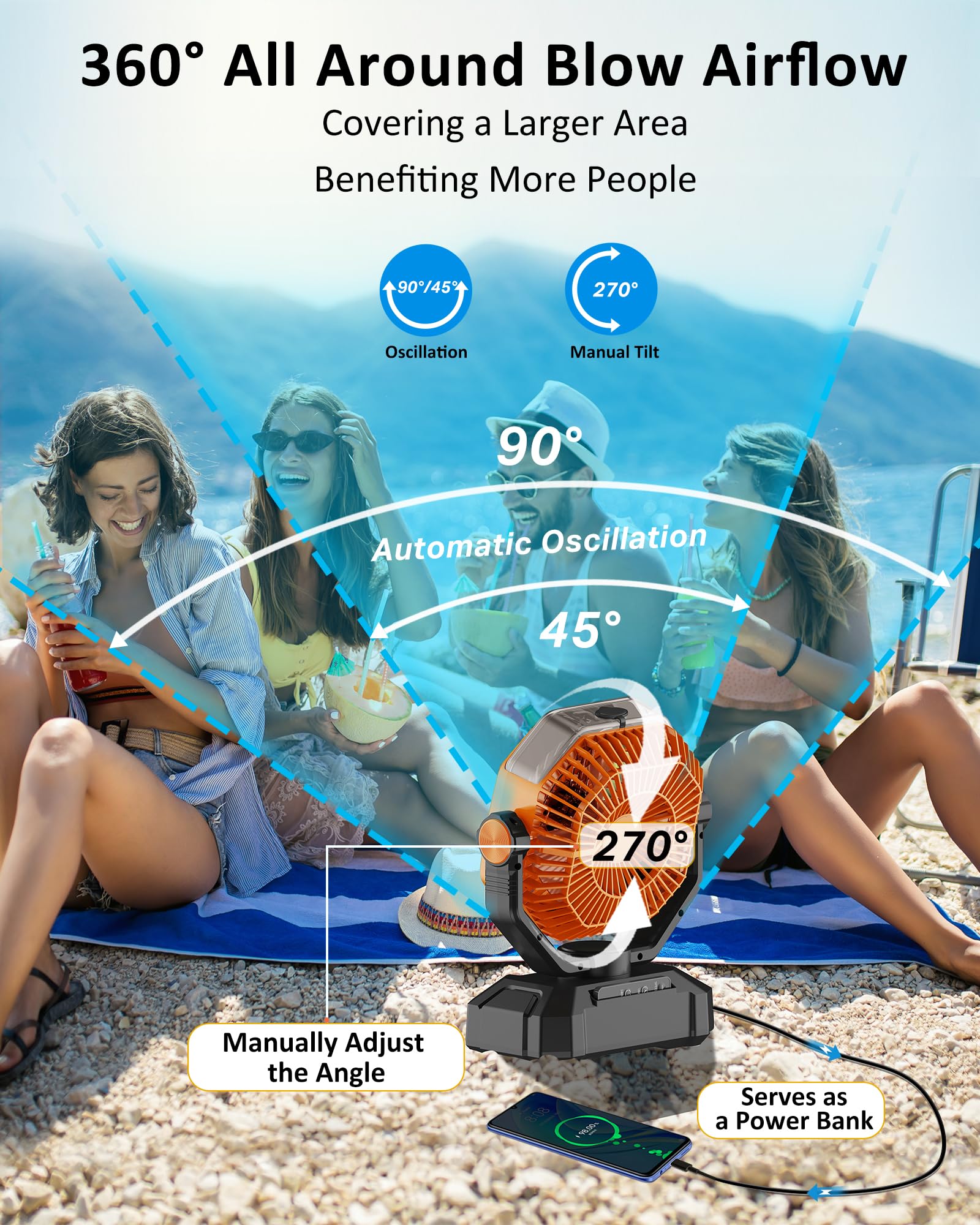 Rechargeable Portable Fan, Battery Powered Fan, Large, Orange, Hy-8136W