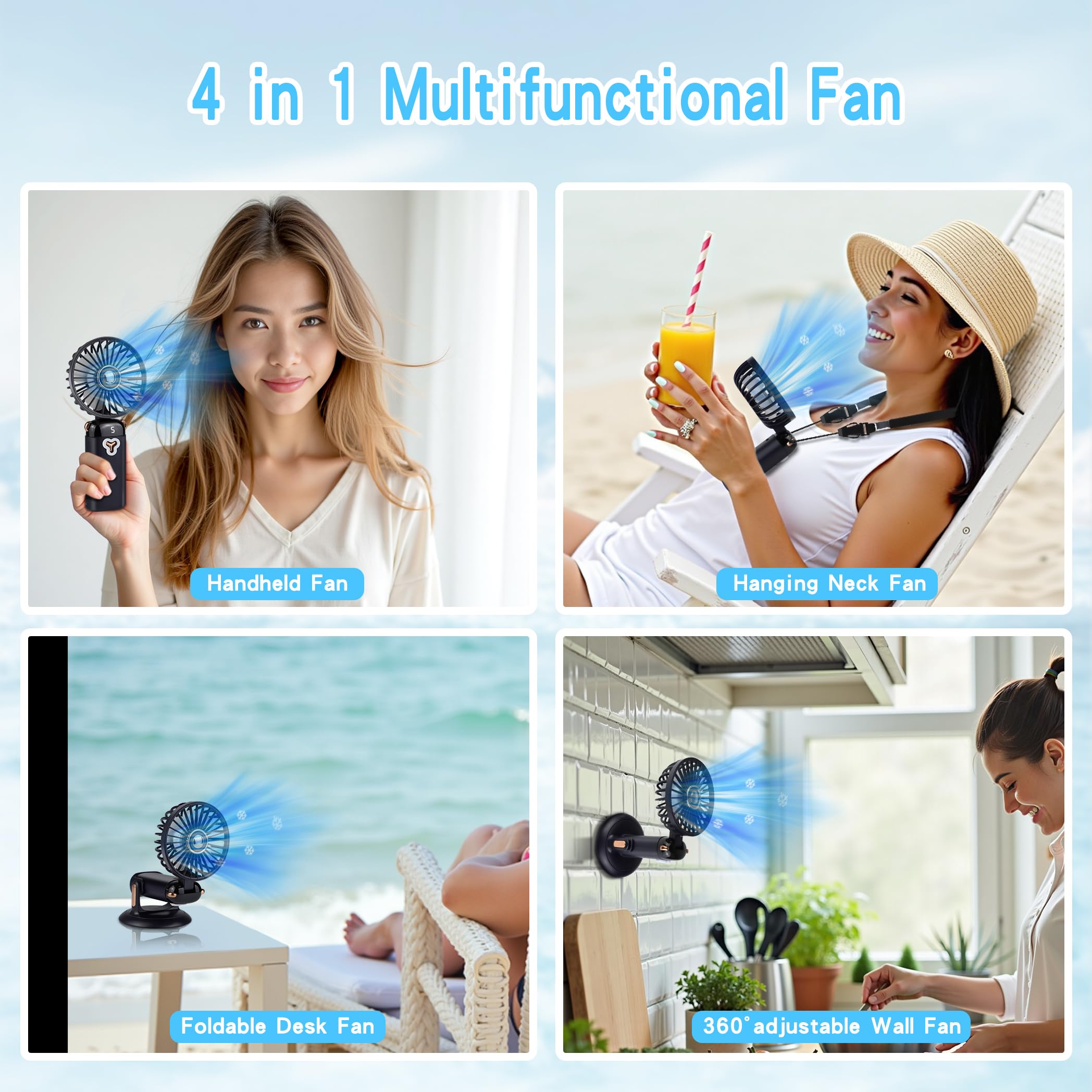 Versatile 4-In-1 Portable Handheld Fan, Battery Operated Fan With Base, 90°Ajustable, Rechargeable