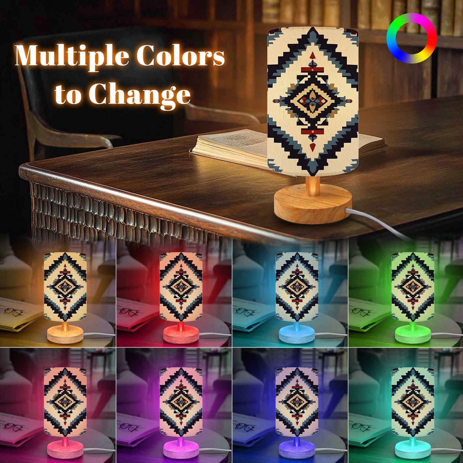 Bvcahsaw Bedside Table Lamp Seamless Navajo Aztec Mexican Native Tribal Fabric Pattern Geomatics Dimmable Desk Lamp With Flaxen Fabric Shade Wood Base Nightstand Lamp Small Lamp For Bedroom Living Room Home