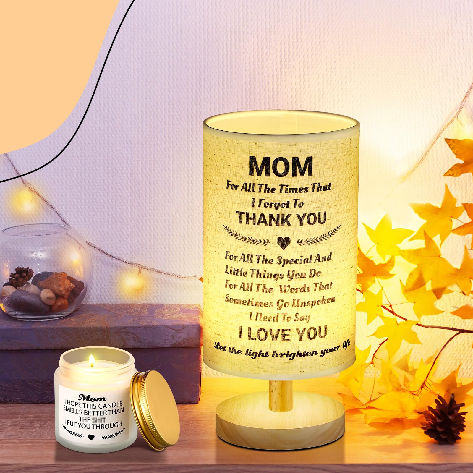 Rossesay 3Pcs For Mom From Daughter Son Mom Birthday Set Moonstone Bracelet Candles Fabric Lamp Bedside Desk Lamps With Wooden Stand For Mother'S Day