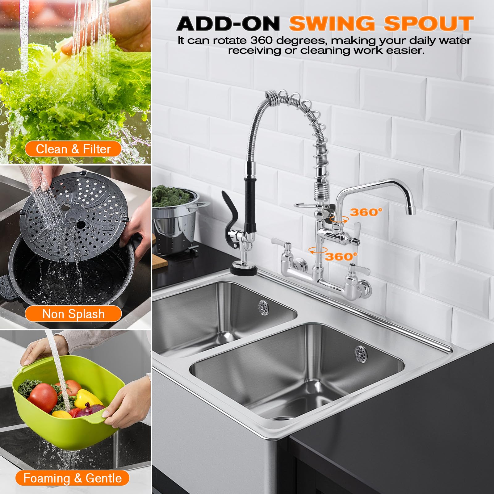 Bzimak 25" Height Commercial Faucet With Sprayer, 8" Adjustable Center & 12" Add-On Swing Spout, Wall Mount Pre-Rinse Faucet Installation Kit For Restaurant Kitchen
