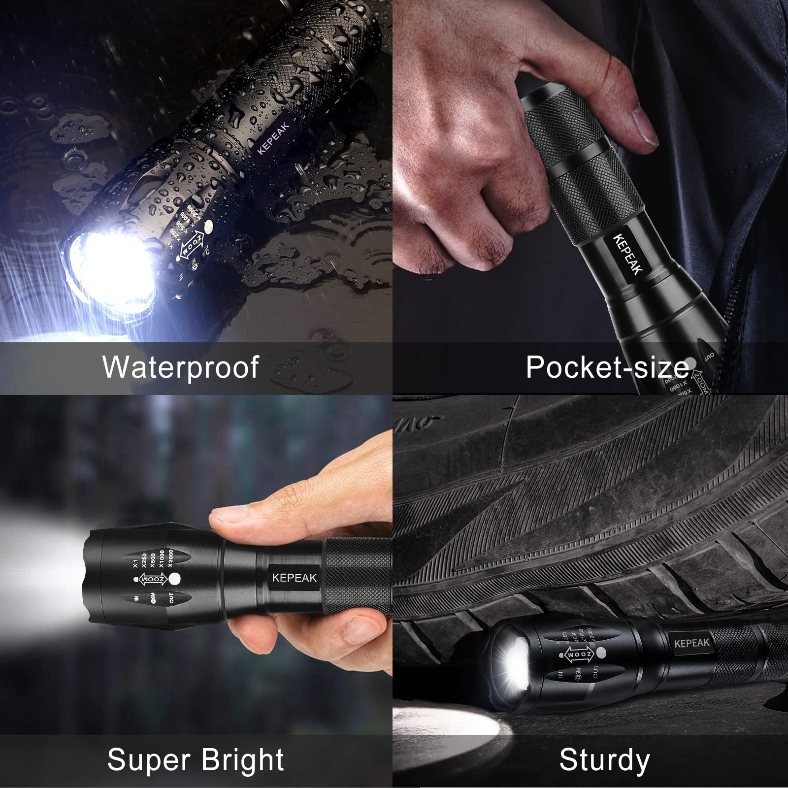 Kepeak Led Flashlight, 5 Modes Tactical Flashlight, Ipx5 Water Resistant, High Lumen, Zoomable Flashlight For Camping, Outdoor, Hiking, Emergency
