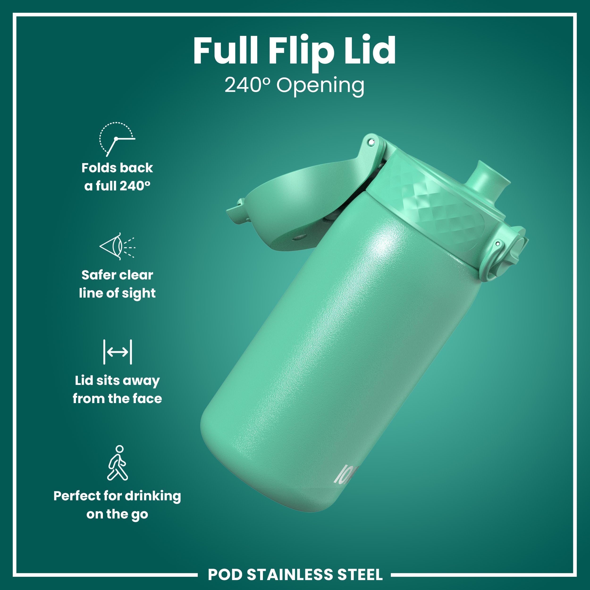 Ion8 Kids Water Bottle, Steel 400 Ml/13 Oz, Leak Proof, Easy To Open, Secure Lock, Dishwasher Safe
