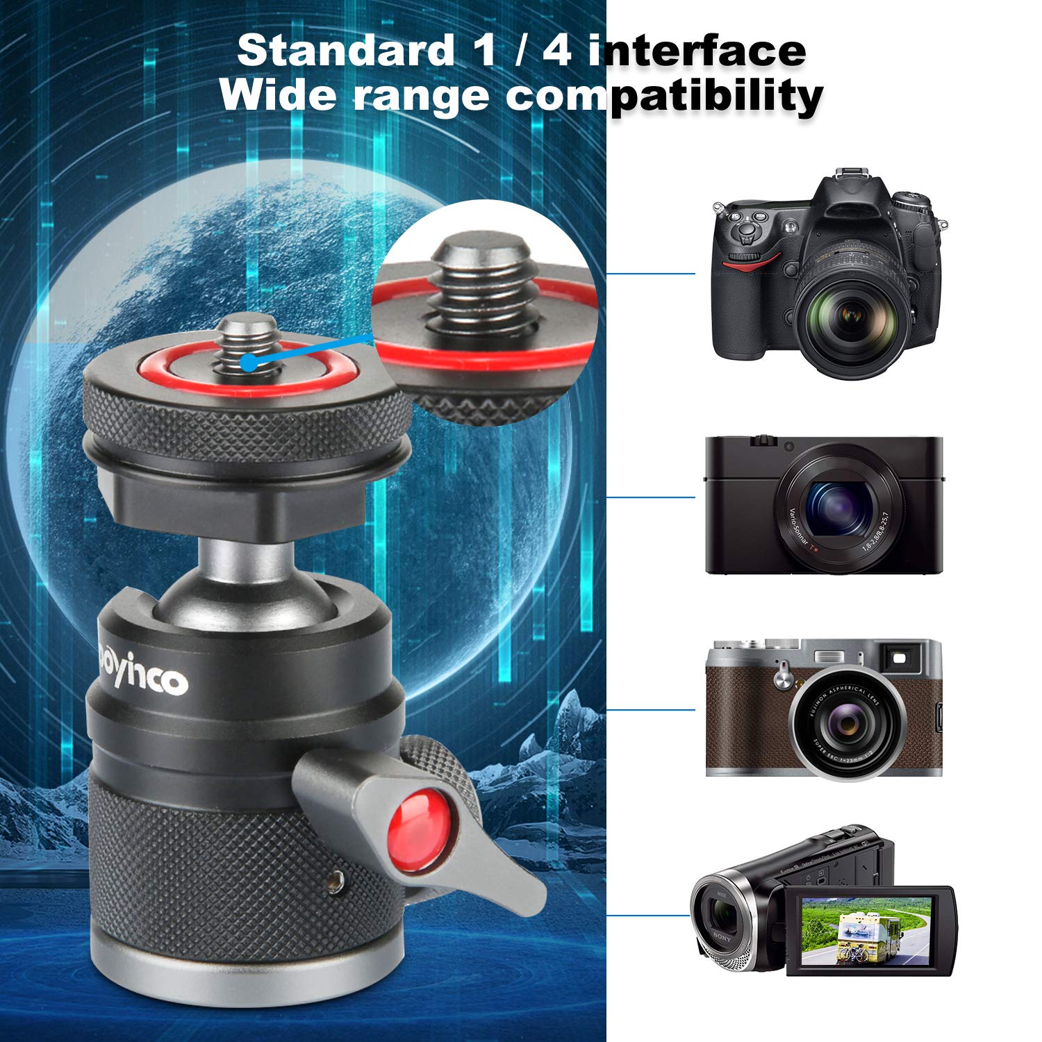 Poyinco Mini Ball Head With 1/4" Hotshoe Mount Adapter 360 Degree Rotatable Aluminum Tripod Head For Dslr Cameras Htc Vive Tripods Monopods Camcorder Light Stand
