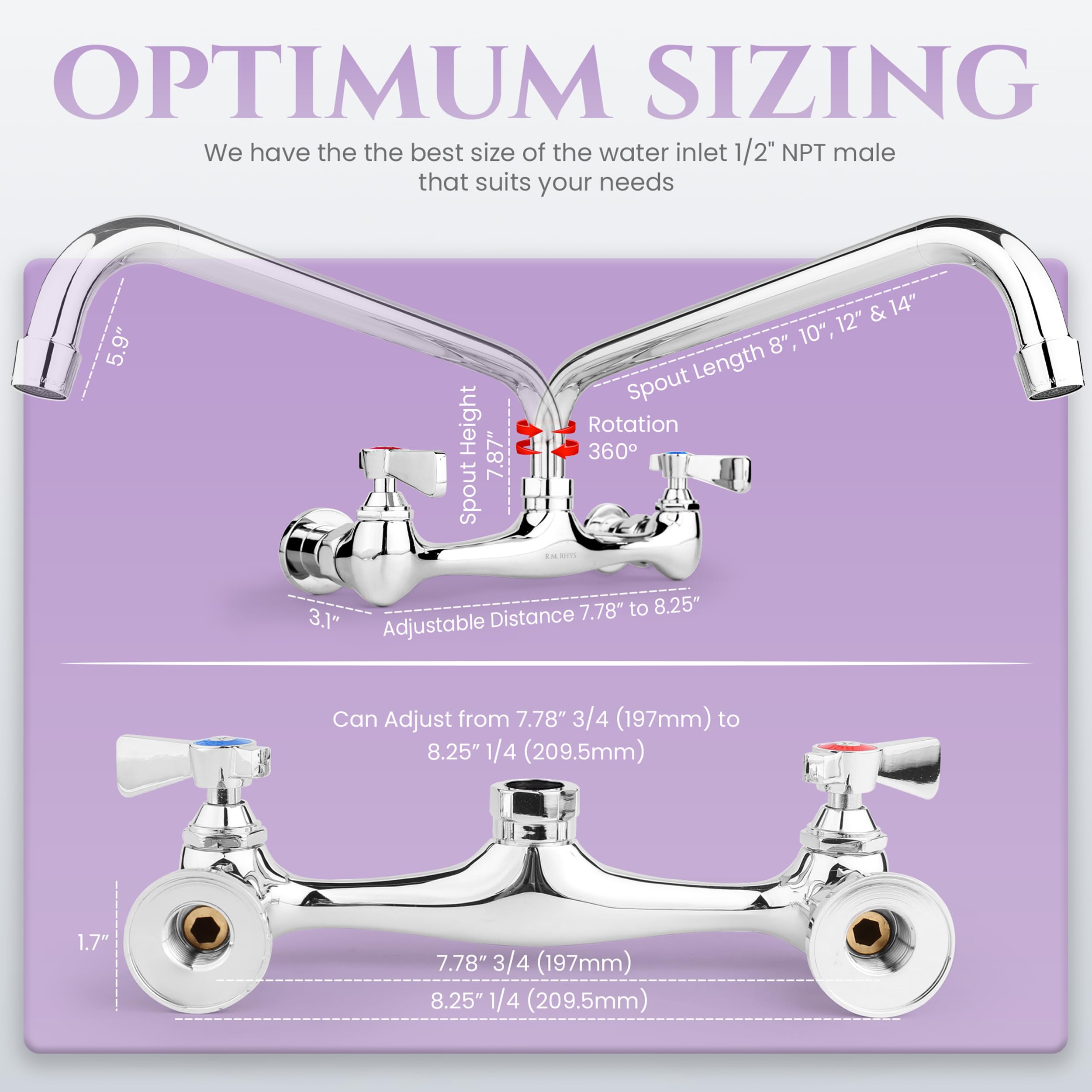 R.M. Rhys Stainless Steel Kitchen Faucet – 8" Center, 12" Spout - Solid Brass Commercial Wall Mount Faucet - Dual Levers & Polished Chrome Finish - Utility Sink Faucet For Commercial & Home Use