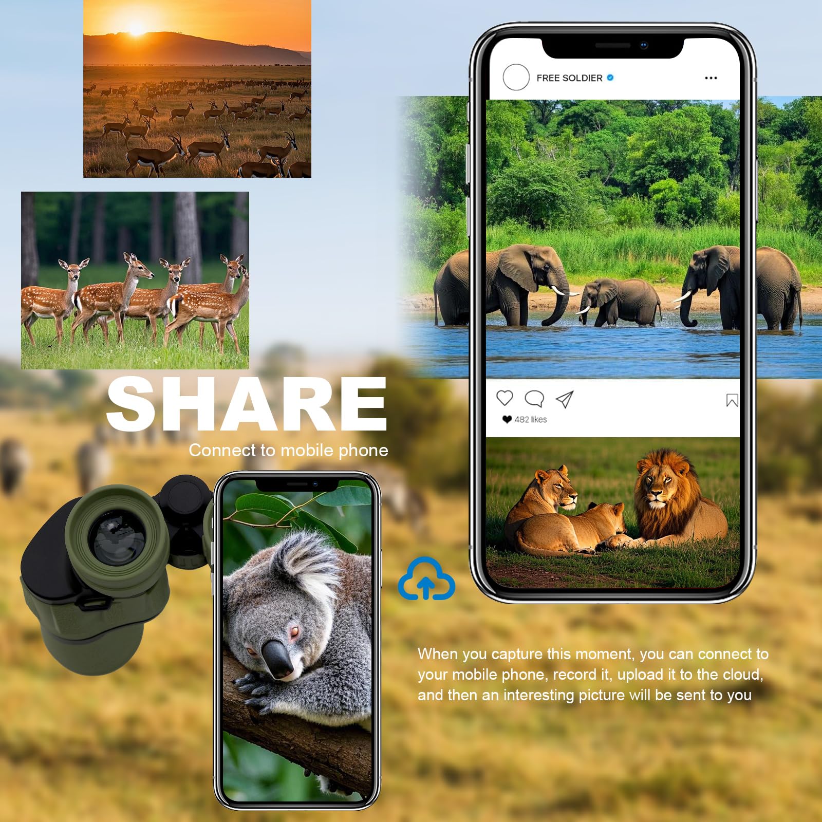 Upcheirna 20X50 High Zoom Adult Binoculars High Power With Phone Adapter, Low Light Night Vision, Lightweight & Portable For Bird Watching, Hunting, Stargazing(Green)