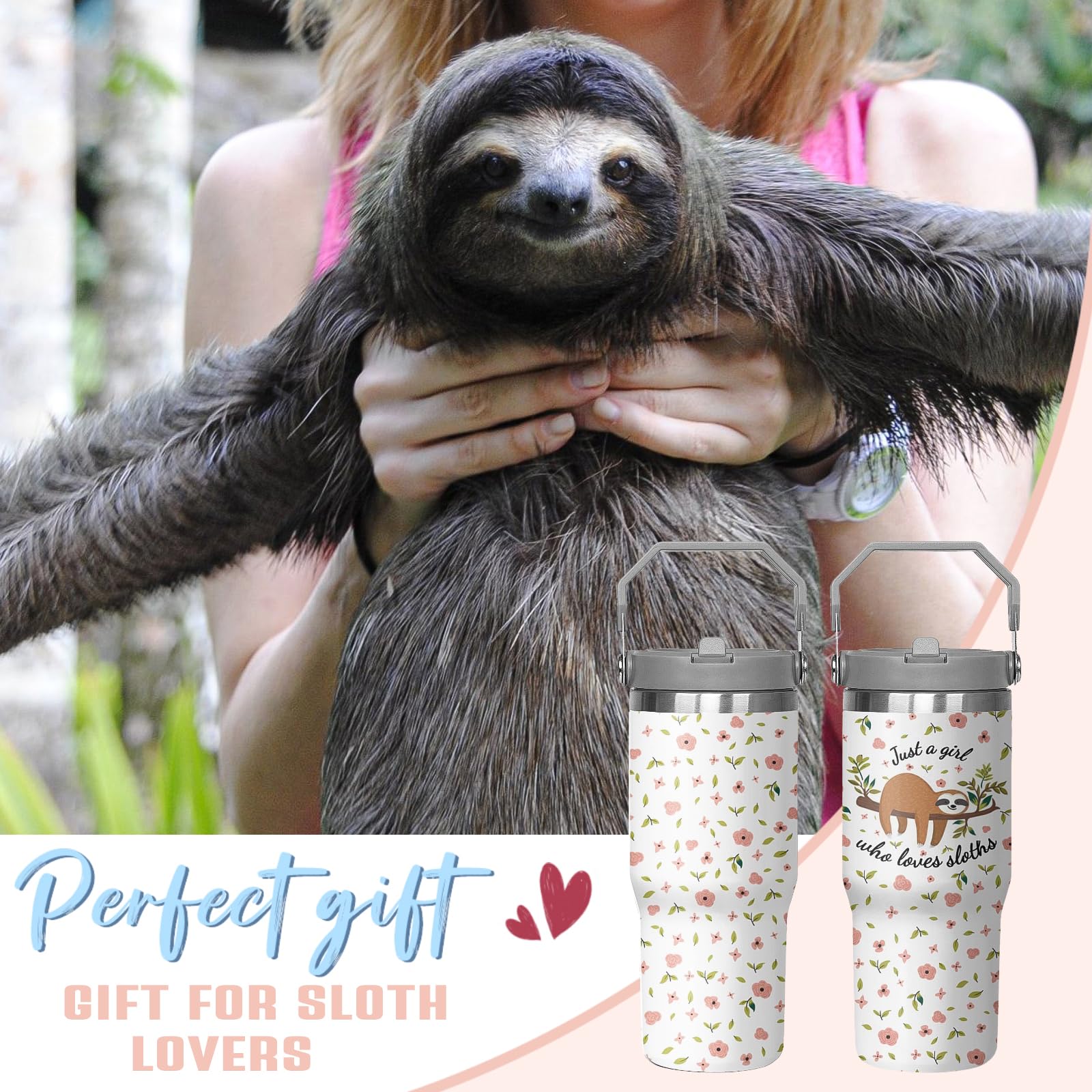 Sloth Tumbler With Handle & Flip Straw Cute Sloth Coffee Travel Mug Insulated Water Bottle