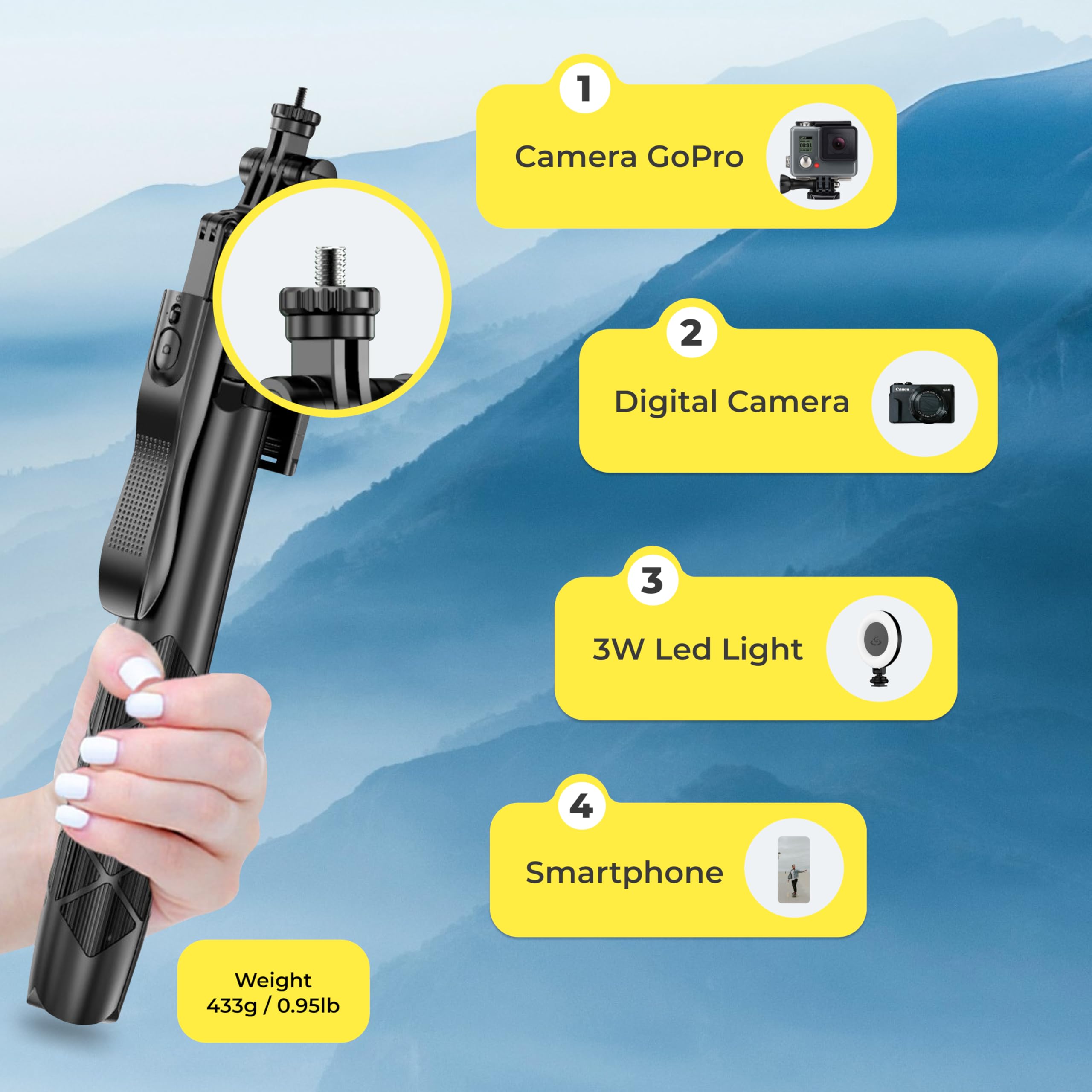 Ezigo Phone Tripod 62" Selfie Stick For Iphone With Remote And 3W Led Light, Universal Mount, Phone Stand For Recording & Streaming, Tripod For Iphone & Android Phone & Gopro