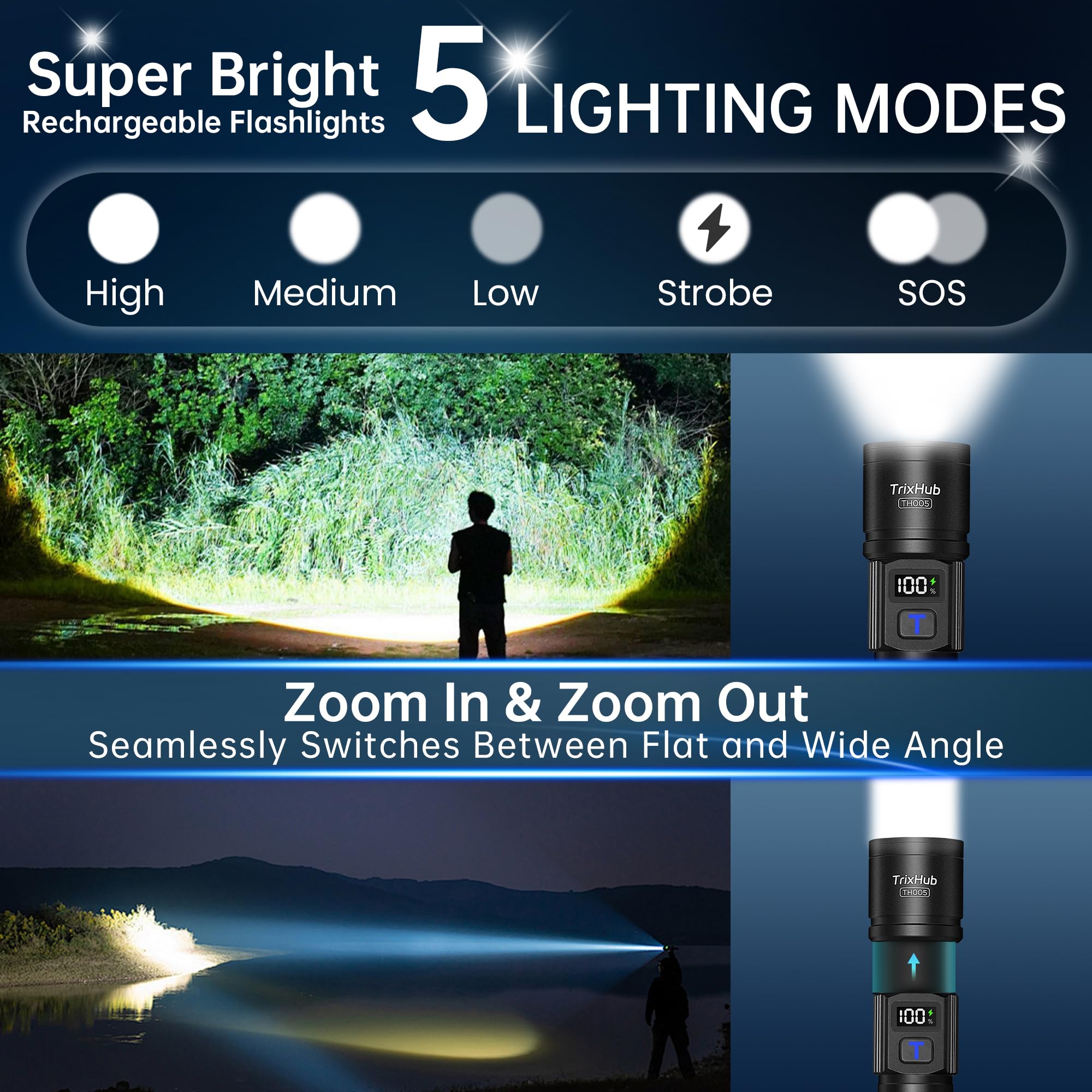 Trixhub Rechargeable Flashlights High Lumens, 950,000Lm Super Bright Flash Light, 5 Modes Zoomable Linternas With Lcd Digital Display, Powerful Handheld Led Flashlights For Emergencies Camping