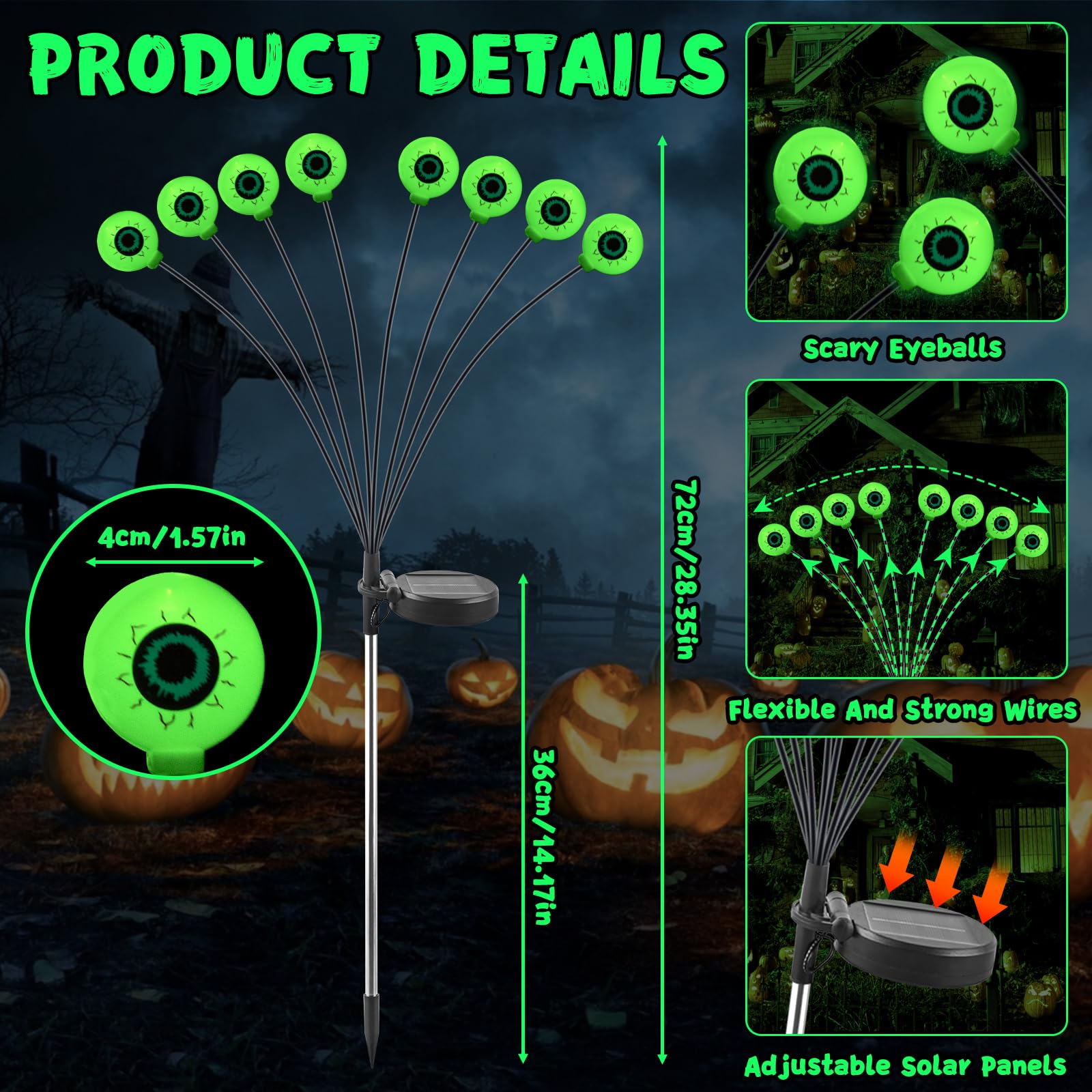 Deesalio Halloween Decorations Outdoor Solar Scary Eyeball Lights, 2 Pack 16Led Solar Eyeball Pathway Lights, Waterproof Eyeball Swaying Firefly Lights For Yard/Garden/Lawn/Party Decor (Green)