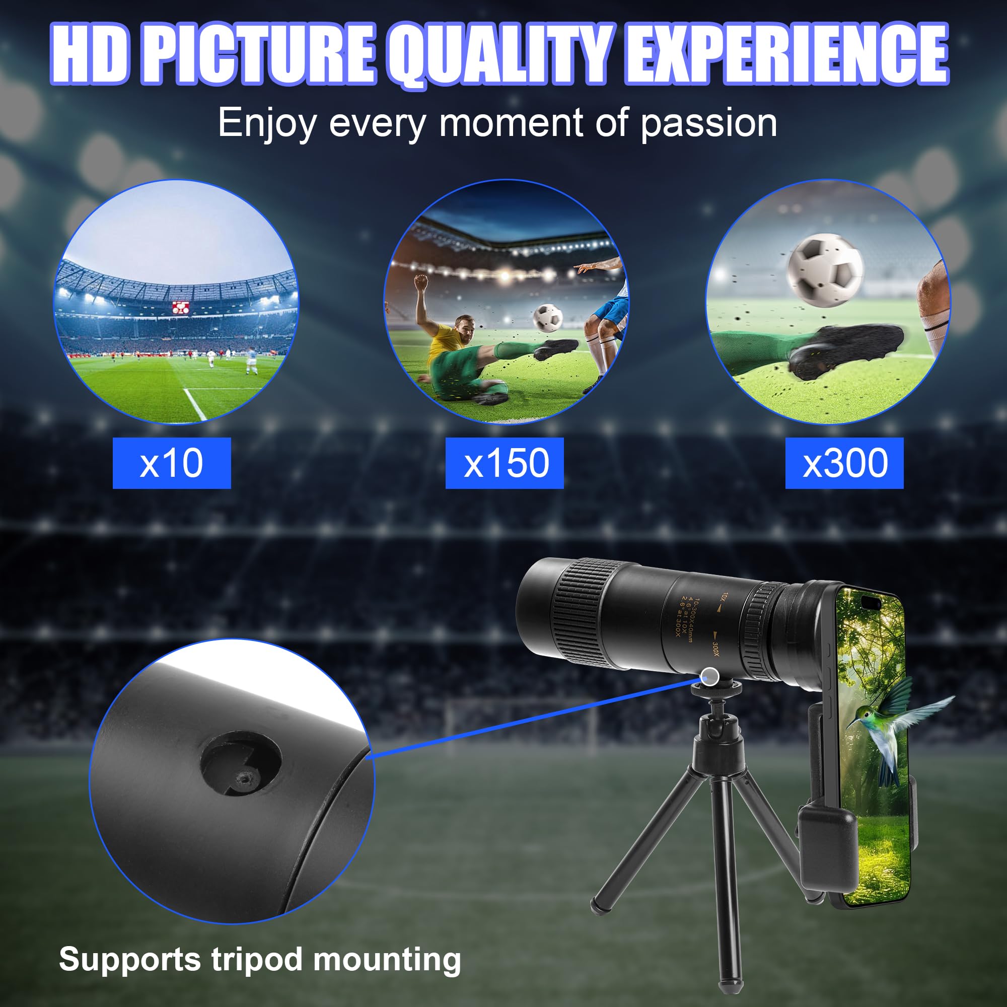 Vohezpt 10-300X40 Military Telescope - Monoculars For Adults High Powered, Compact Monocular Telescope For Hunting, Star Gazing, Bird Watching, Travel (Smartphone Adapter & Tripod Include)