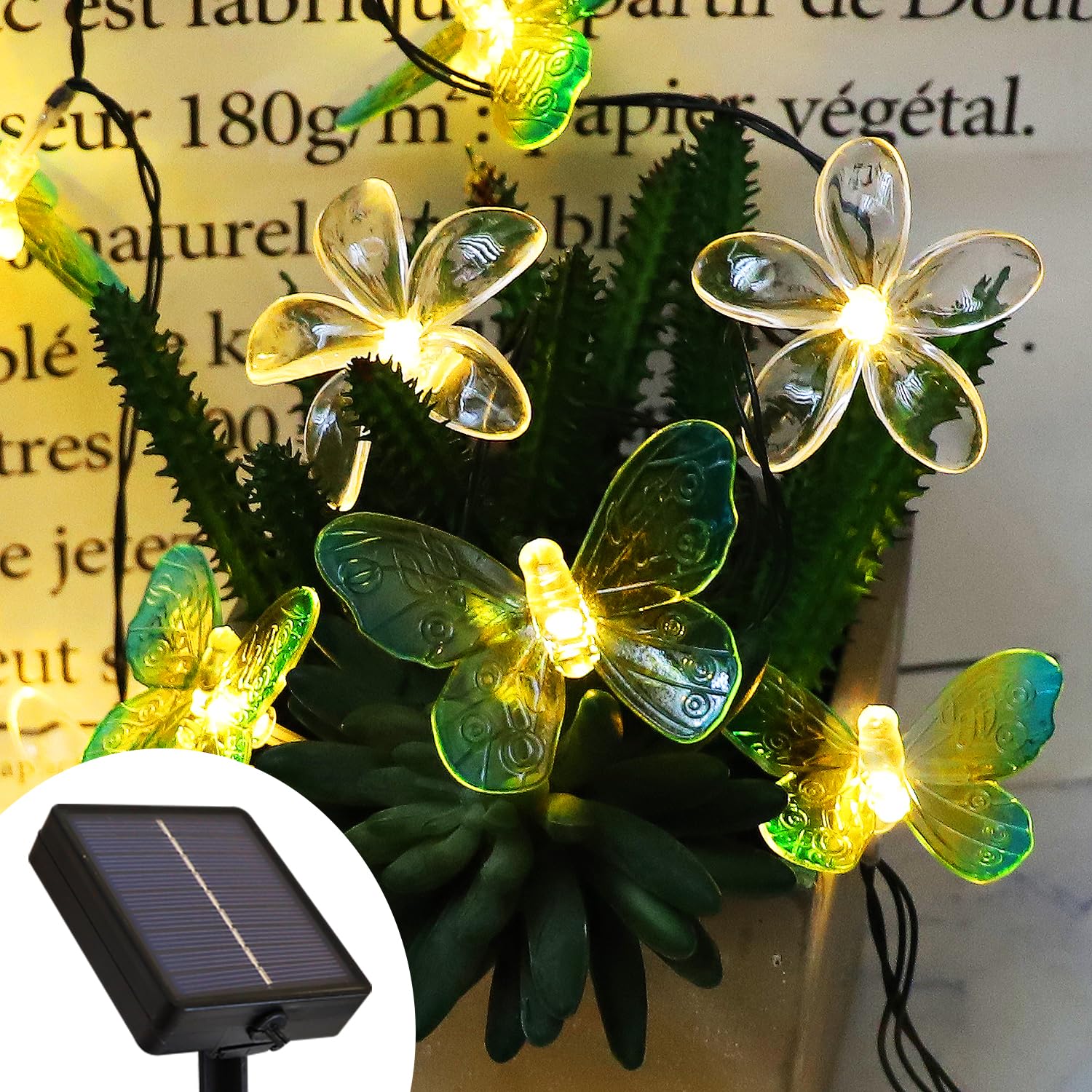 Curyidy Cherry Blossom Flower String Lights Butterfly Fairy Lights For Bedroom, 20Led Solar String Lights Floral Garland Cute Lights For Outdoor Decor, Wedding, Christmas Decorations (Warm White)