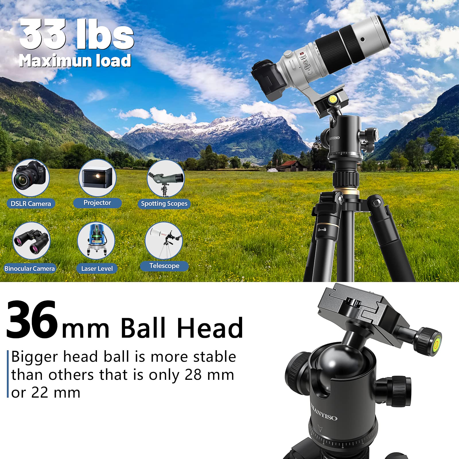 Nianyiso 77” Dslr Camera Tripod For Travel - Compact Tripod For Camera, Professional Tripods With 36Mm 360 Degree Ball Head, Lightweight Aluminum Camera Tripods & Monopods Load Up To 33 Lbs