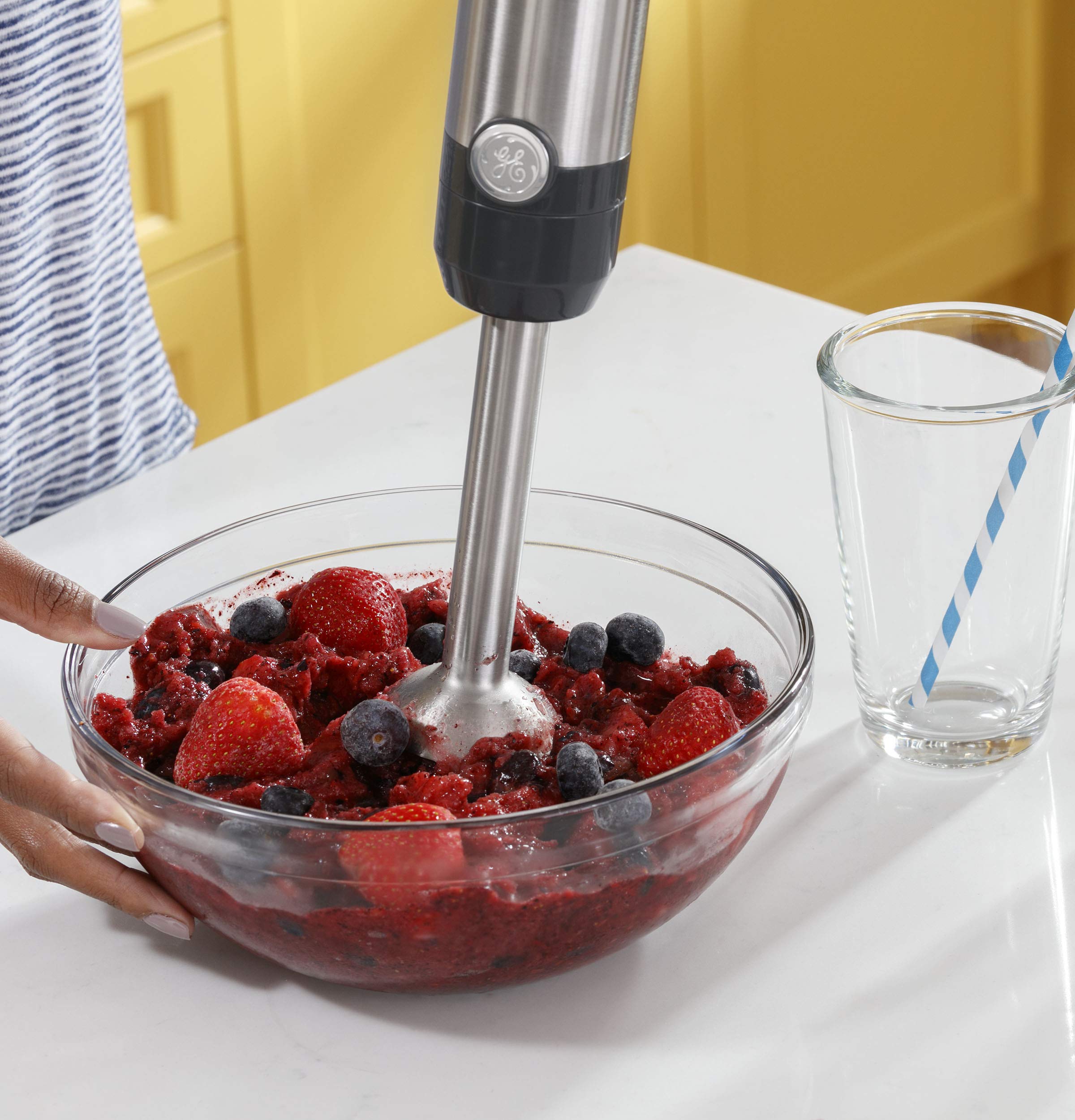 Ge Immersion Blender Handheld Blender For Shakes, Smoothies, Baby Food & More Includes Whisk & Blending Jar 2-Speed Interchangeable Attachment For Easy Clean 500 Watts Stainless Steel