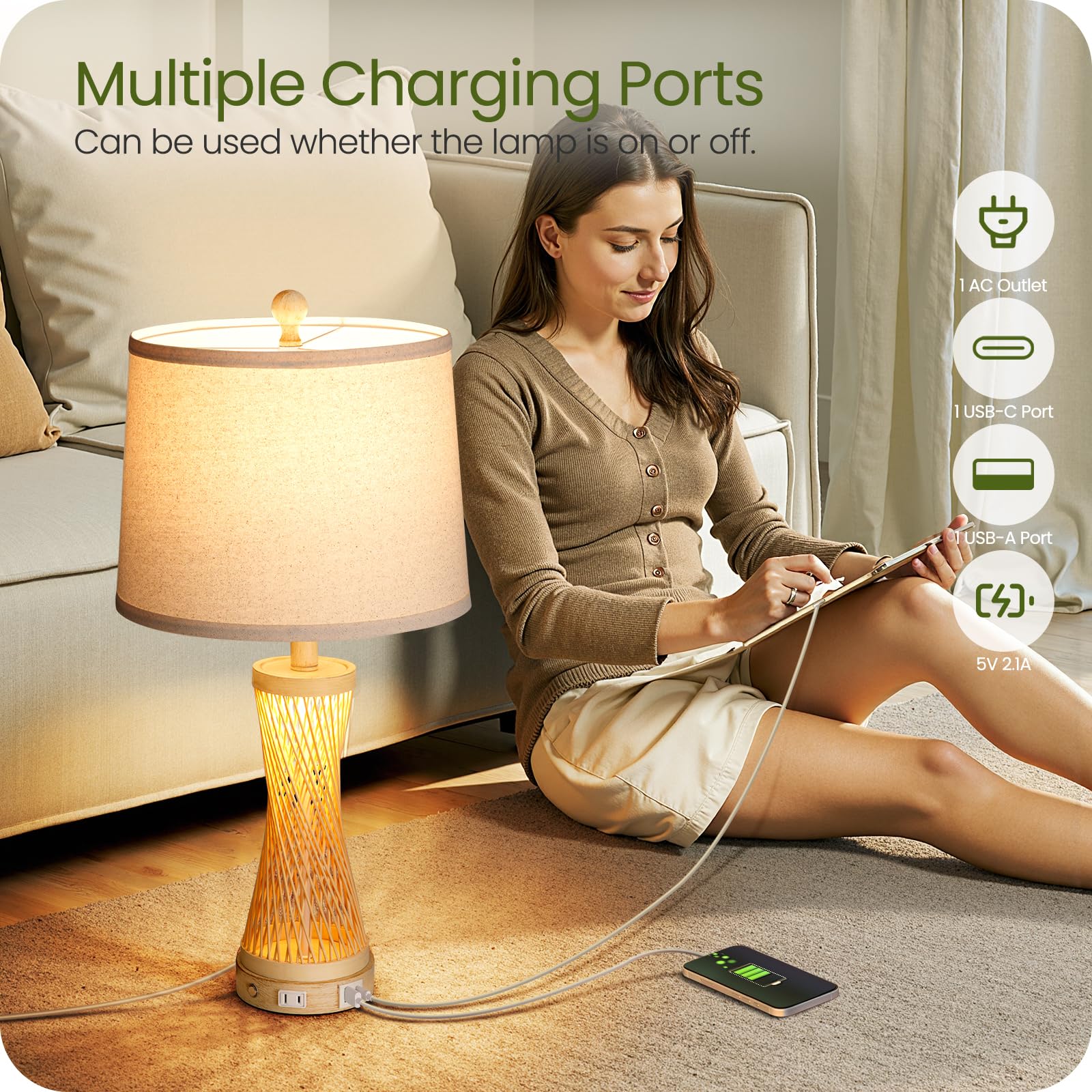 Goebleson 24.4” Farmhouse Rattan Table Lamp, Touch Bedside Lamp For Bedroom With 3-Way Dimmable Night Light, Usb A+C Charging Ports, Bamboo Boho Nightstand Lamp With Cream Linen Shade (Bulbs Included)