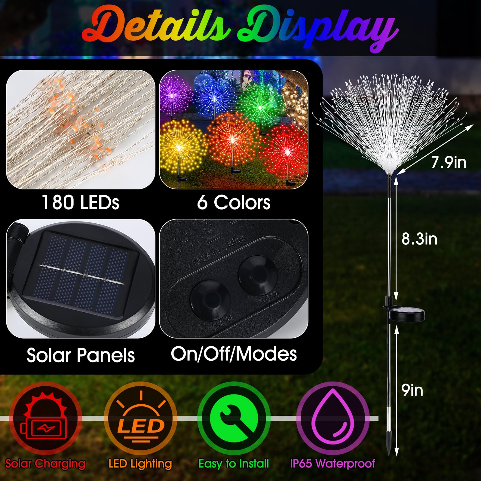 Tujoe 6 Pcs Solar Firework Stake Lights 180 Led 8 Modes Solar Waterproof Led Sparkler Lights Outdoor Decoration For Spring Easter Xmas Garden Patio Yard Pathway Walkway Lawn, Multicolor
