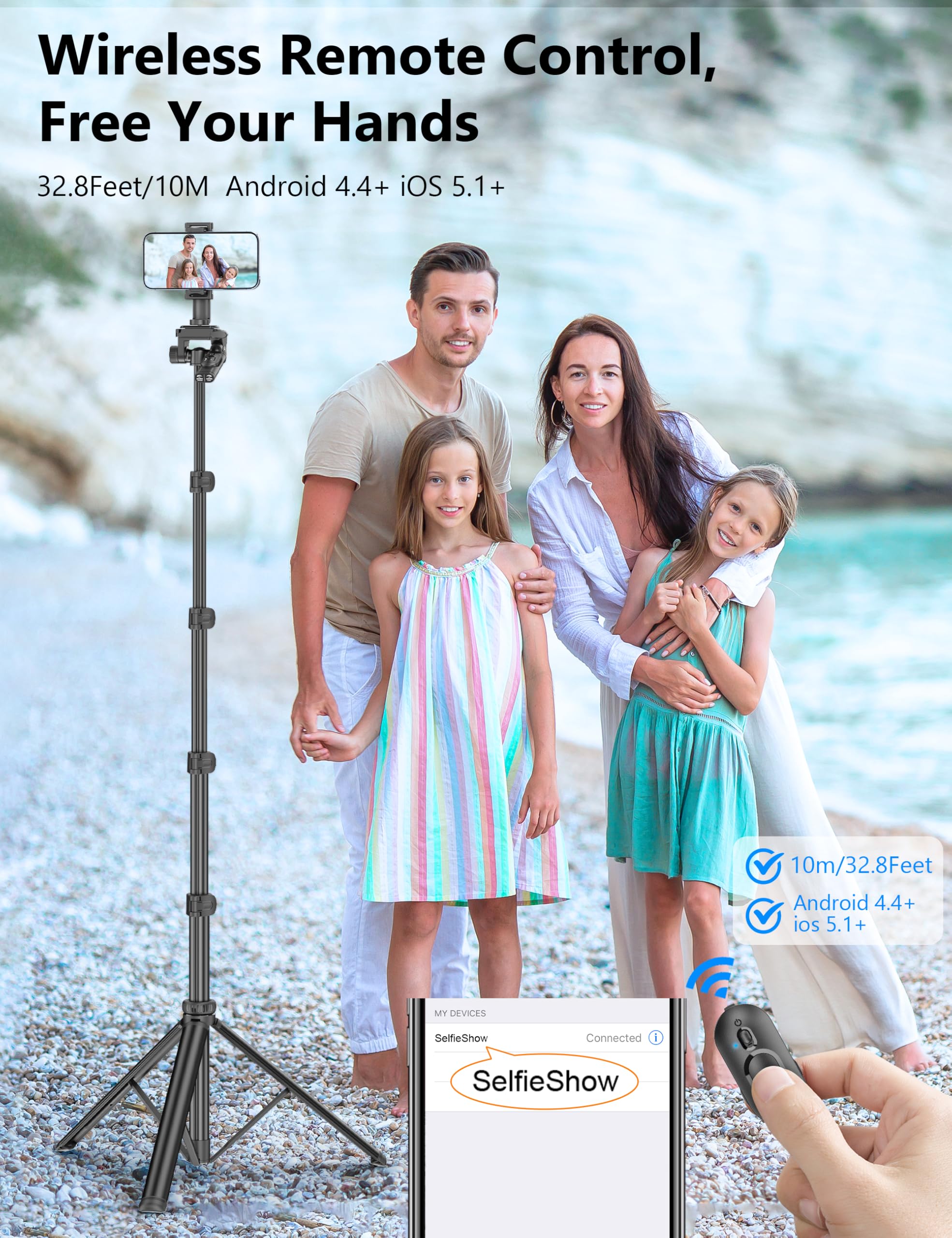 Selfieshow 72" Phone Tripod & Selfie Stick, Extendable Cell Phone Stand With Detachable Remote & Phone Holder, Aluminum Tripod Compatible With Iphone Android