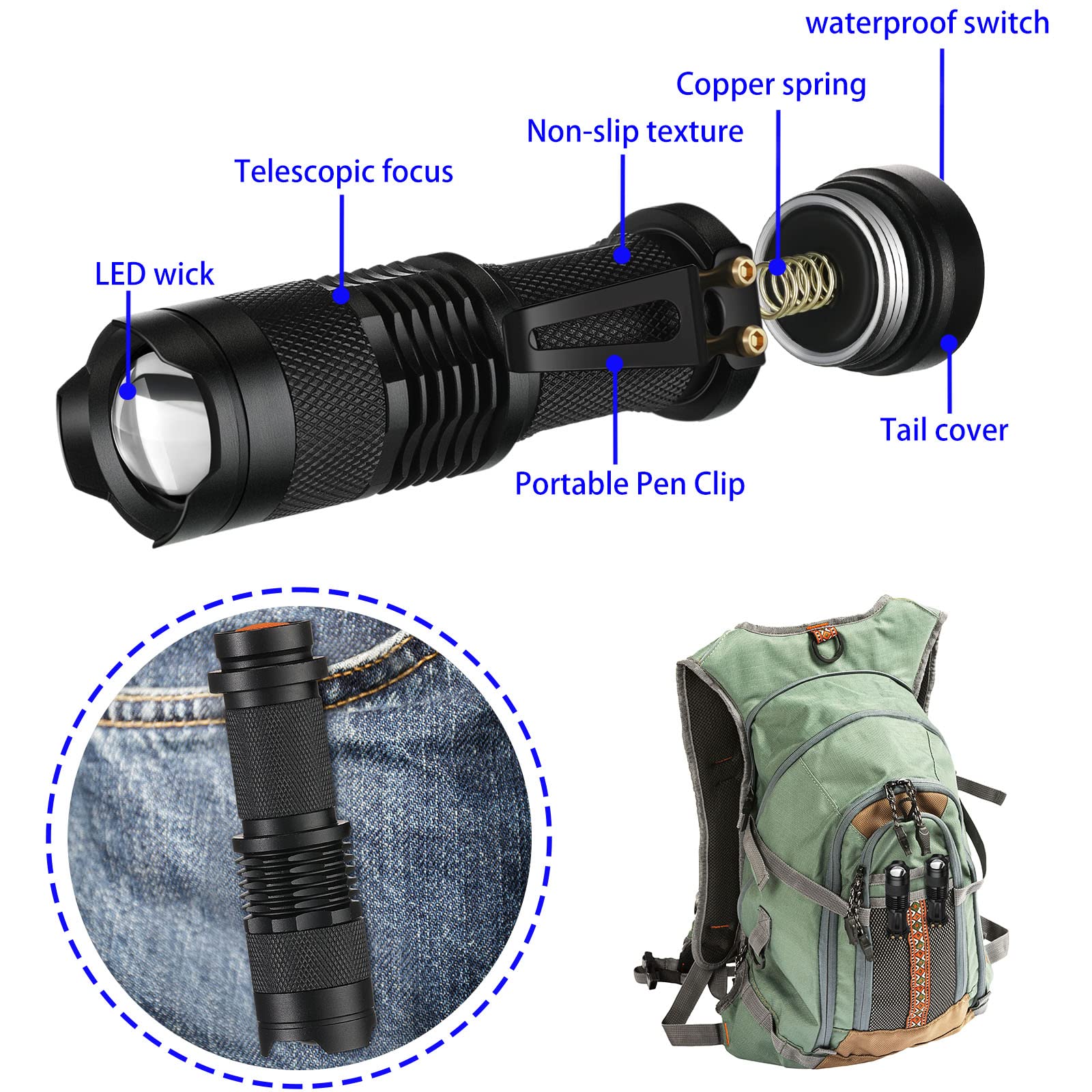 Honoson 4 Packs Hunting Light Flashlights Led Torch With 3 Modes Led Zoomable Scalable Light Flashlight Torch For Fishing Hunting Night Observation, Batteries Not Included(Green)