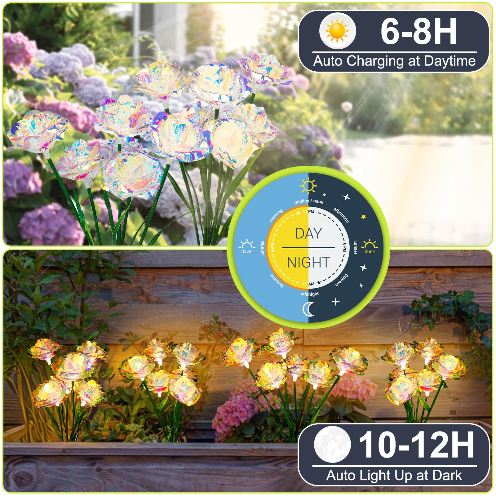 Veeool Solar Garden Lights Outdoor, 4 Pack 24-Head Artificial Flowers Solar Lights, Ip65 Waterproof Garden Decoration For Yard Patio Path Cemetery Grave,  For Mom Women Bithday Mother'S Day-Auto On/Off