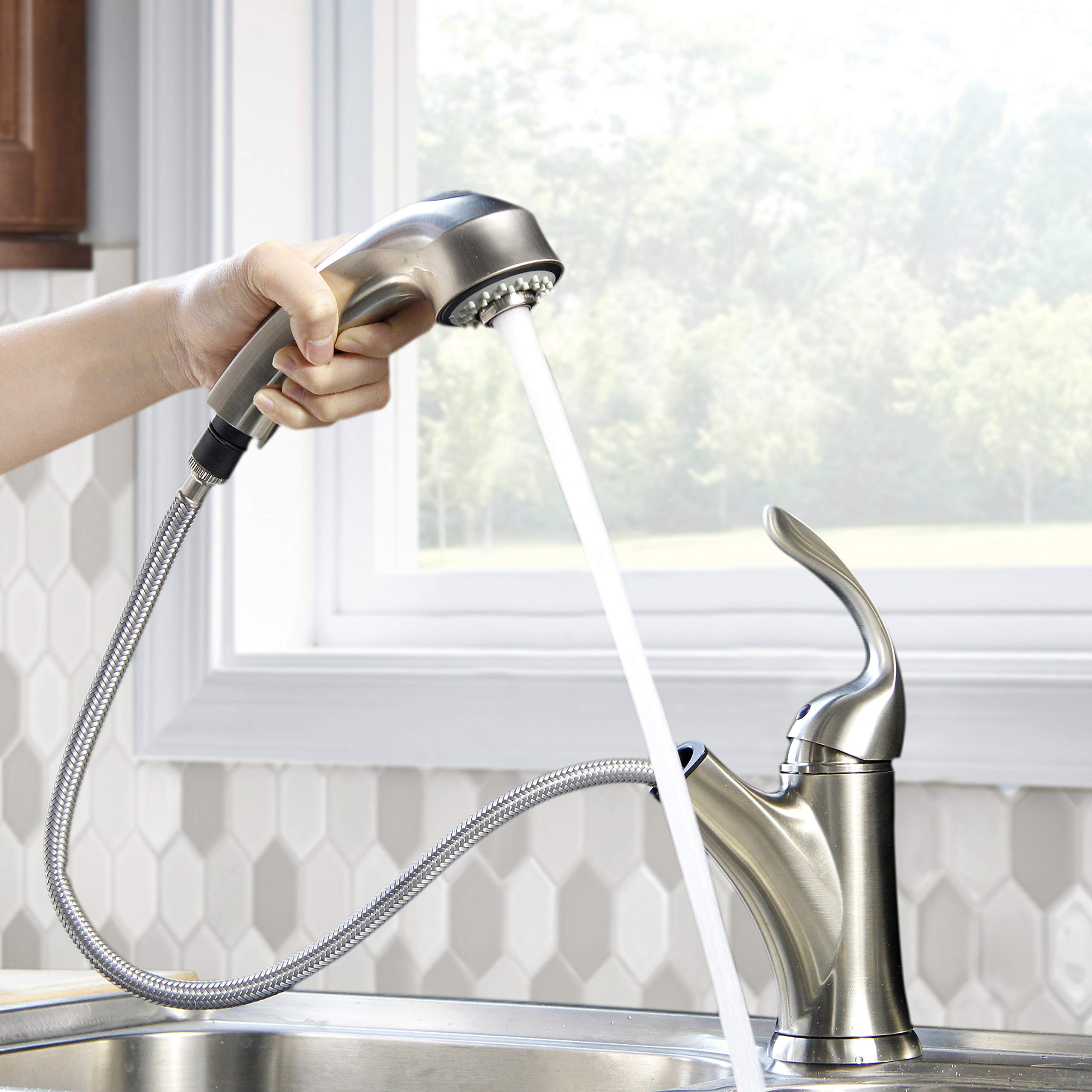 Aquenture Pf6006-Ch 8 Single Handle Pull Out Kitchen Faucet With Easy Install Quicknut Peridot, Chrome