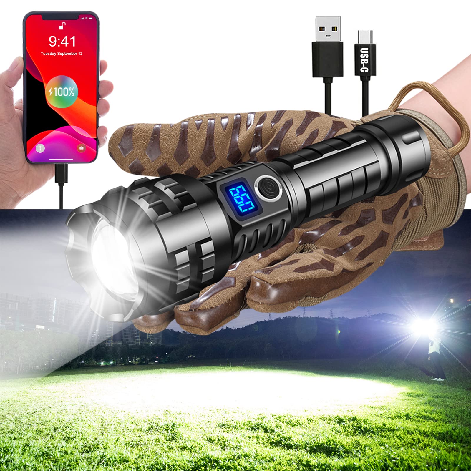 Aifire Worlds Brightest Flashlight 200000 Lumens Oled Charging Display Best Rechargeable Led Spotlight Usb-C Power Bank Holster
