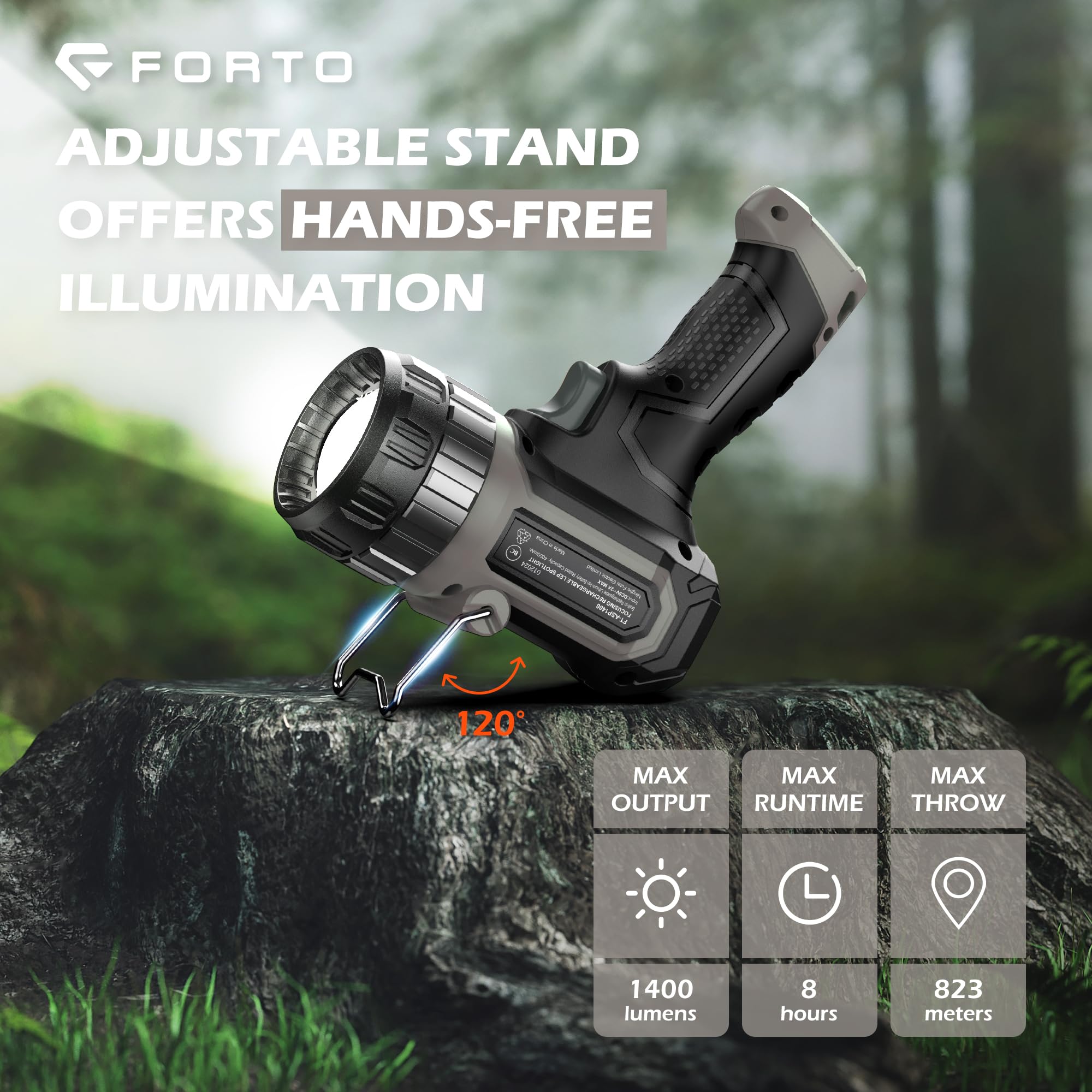 Forto Compact Rechargeable Spotlight With Adjustable Focus, Handheld Spotlight With Stand, 823M Range, 3 Light Modes And Led Spot Lights Outdoor For Boating Hunting Camping Hiking，1400 Lumens