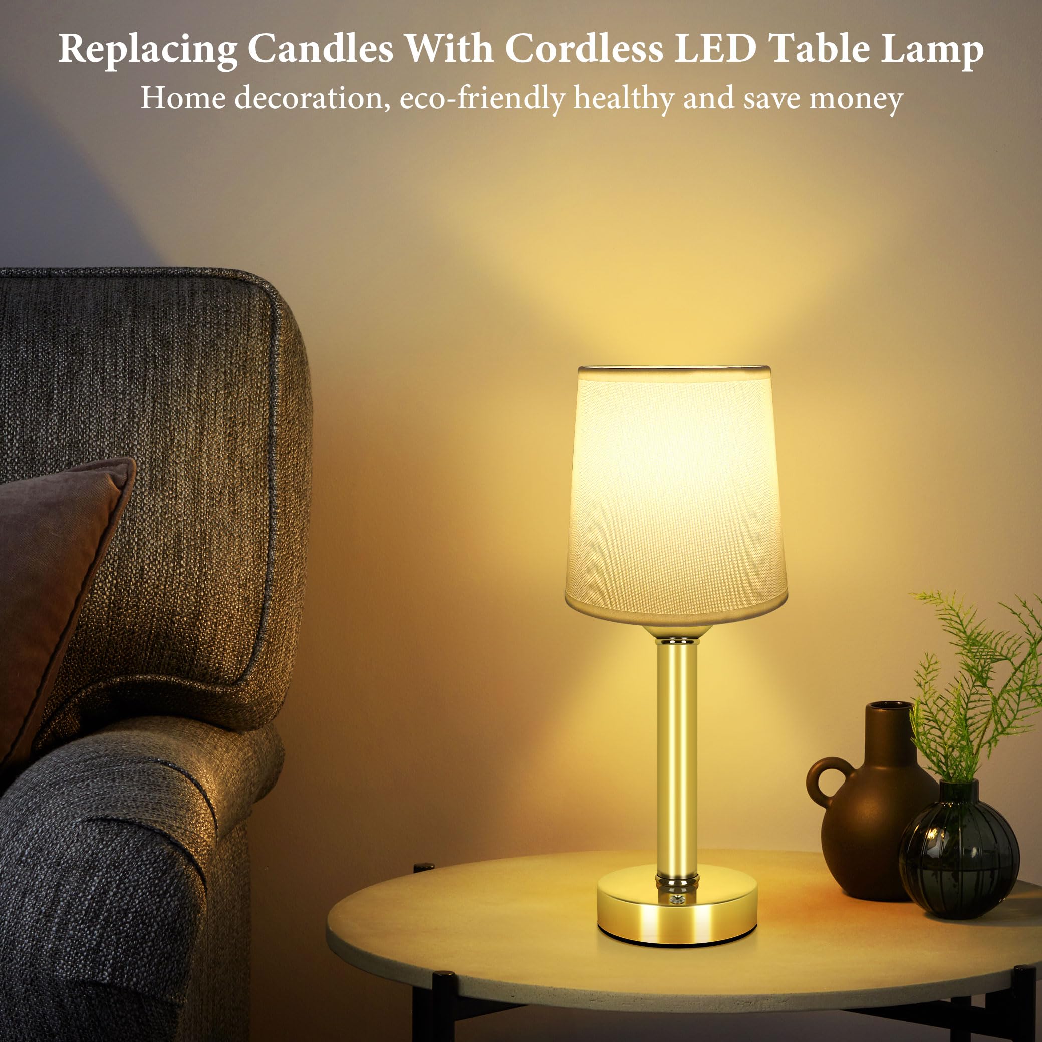 Yurnero 2 Pack Cordless Table Lamp, 6000Mah Rechargeable Battery Operated Lamp For Night Stand, 10%-100% Stepless Brightness Dimming Bedside Lamps, Portables Fabric Shade Desk Lamp For Dining
