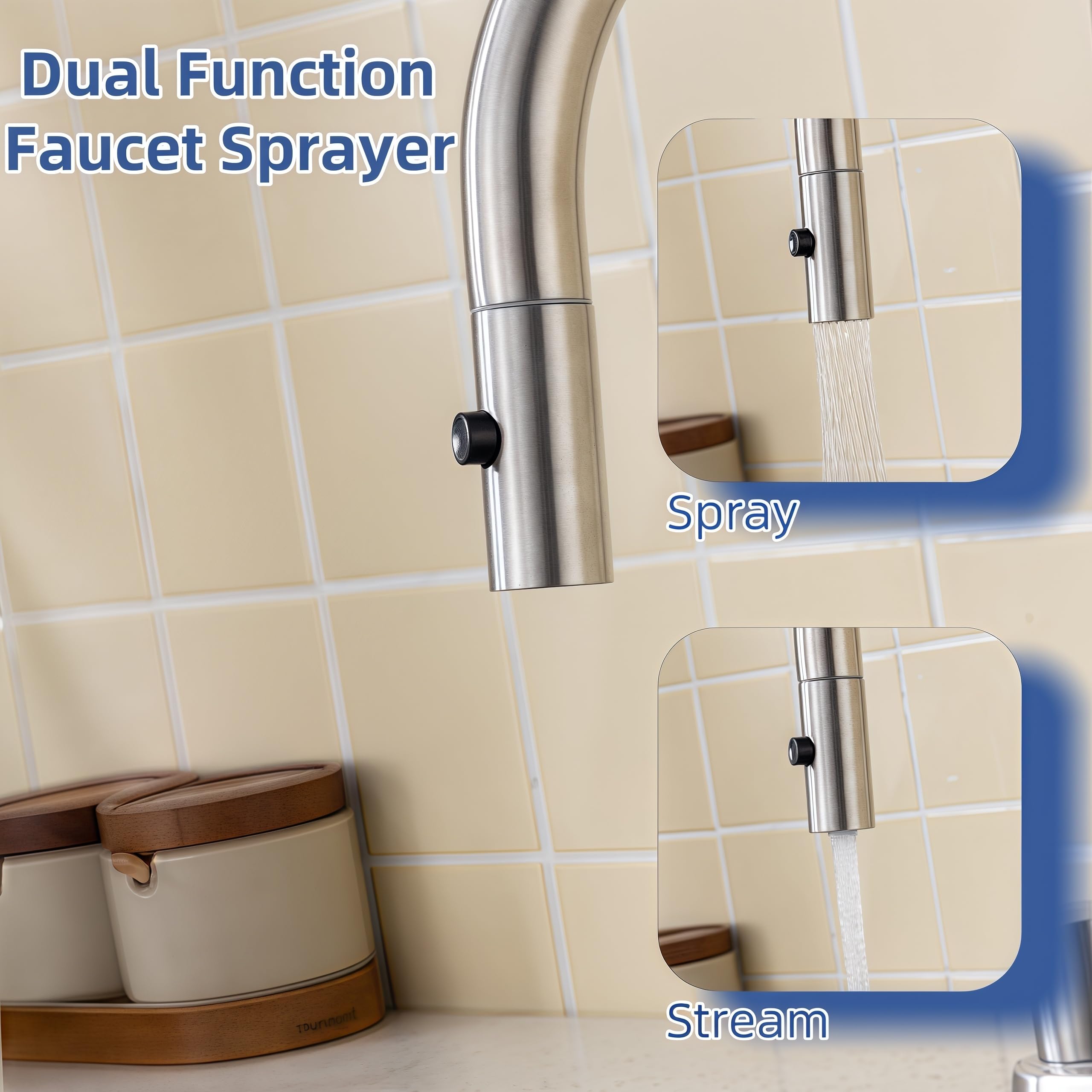 Heouty 2 Handle Kitchen Faucet With Pull Down Sprayer, Brushed Nickel Kitchen Sink Faucet For 3 Hole 8 Inch, 360 Degree Swivel Spout With Dual Function, Bathroom Kitchen Rv Sink