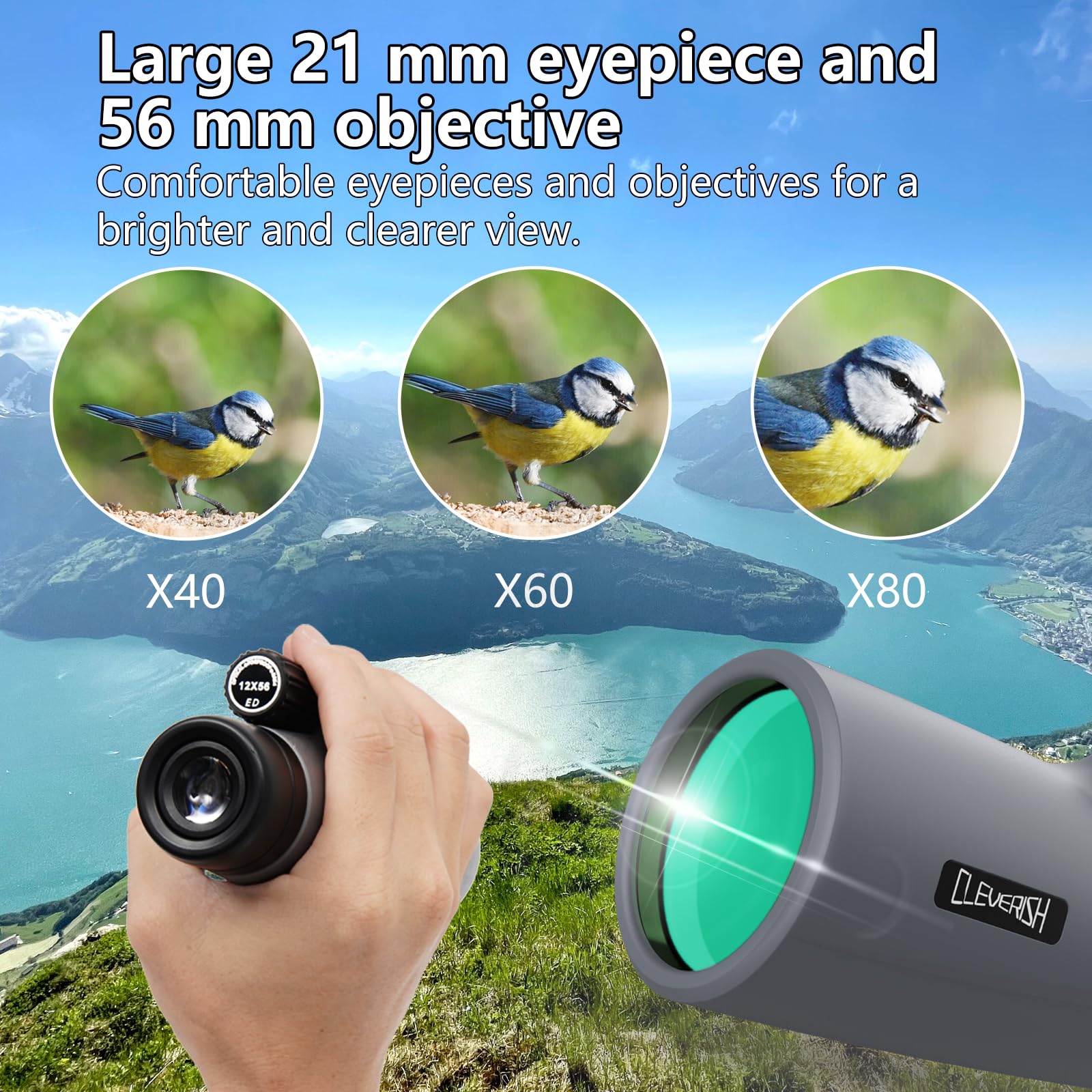Cleverish 12X56 High Power Monoculars For Adluts, Tripod Travel Bag With Smartphone Adapter, Bak-4 Prism, Ultra Clear Fmc Lens For Bird Watching, Hunting, Traveling, Hiking.Designed In United States