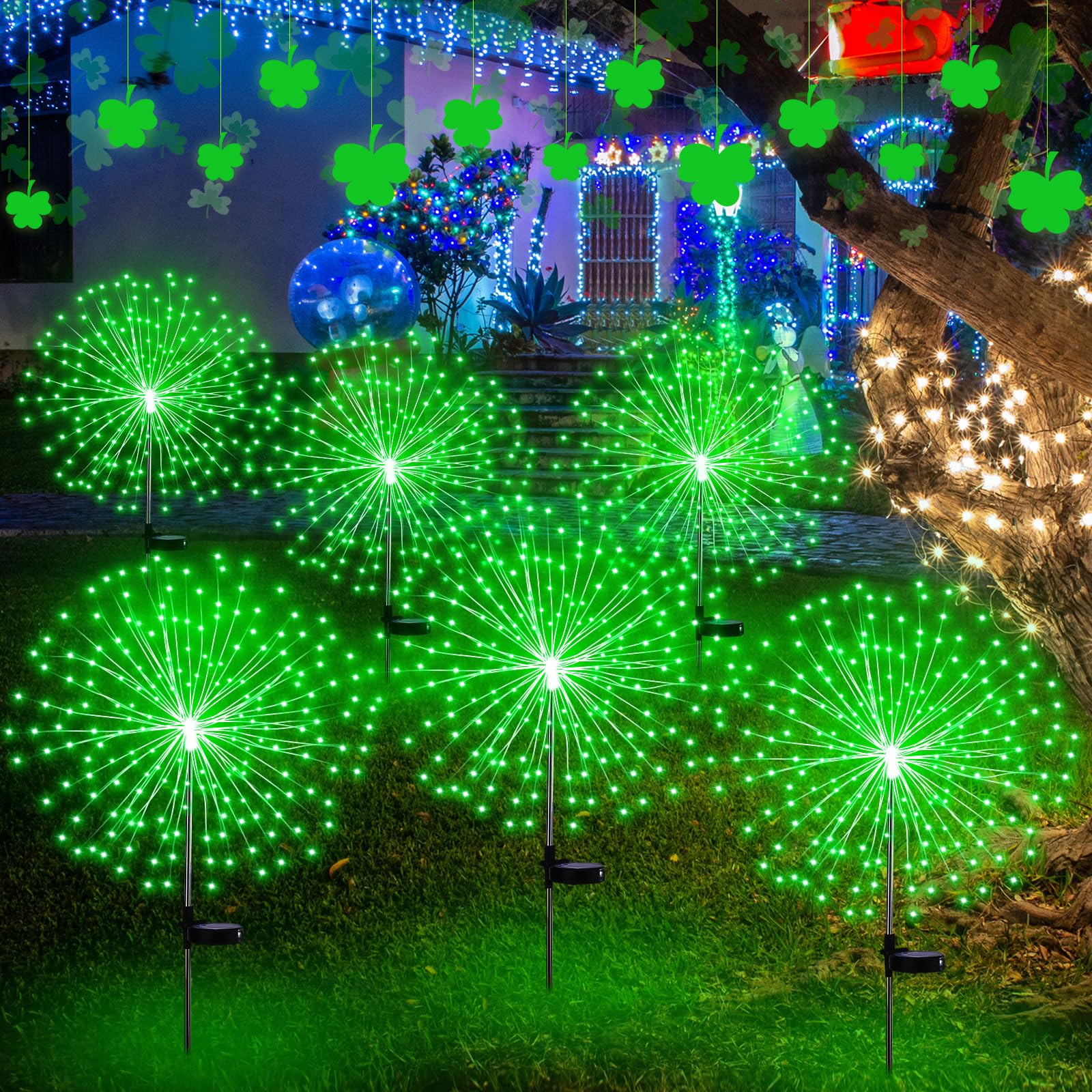Tujoe 6 Pcs Green Solar Firework Stake Lights 180 Led 8 Modes Waterproof Led Sparkler Lights Outdoor Decoration For Garden Patio Yard Pathway Walkway Lawn Easter Halloween Christmas Wedding Party