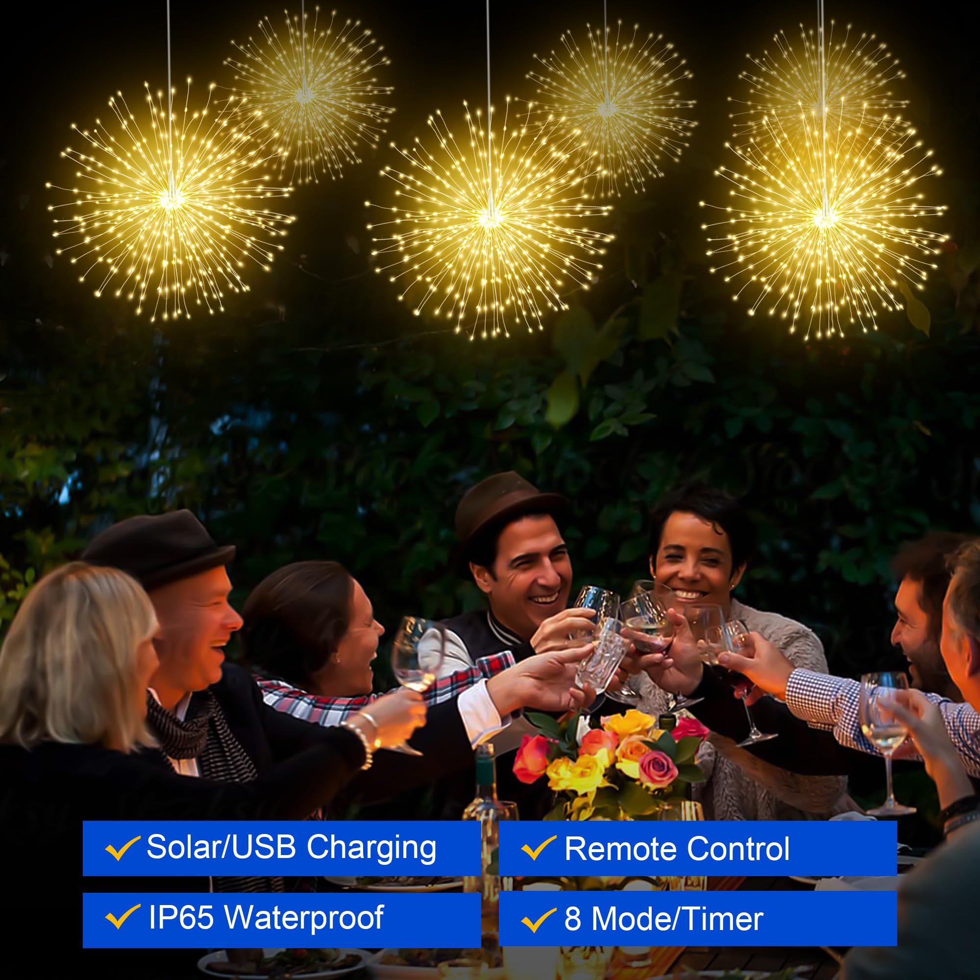 Lertdai Solar Firework Lights Outdoor, 600 Led Starburst Light Outdoor With Usb Rechargerable, 8 Modes Waterproof Solar Hanging Lights For Gazebo Yard Party Wedding Decorations (Warm White, 600 Led)