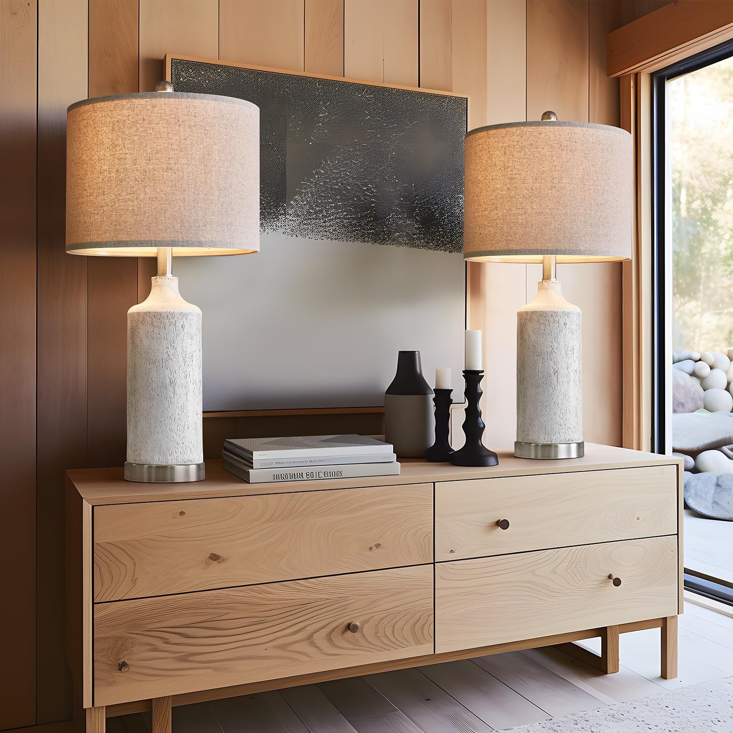 Oyears 24” Table Lamp Set Of 2, Bedside Table Lamps For Living Room, Farmhouse Lamp For Bedroom, Vintage Table Lamp For Nightstand, Boho Lamp For Room Decor, End Tables, Rustic, Resin, Beige