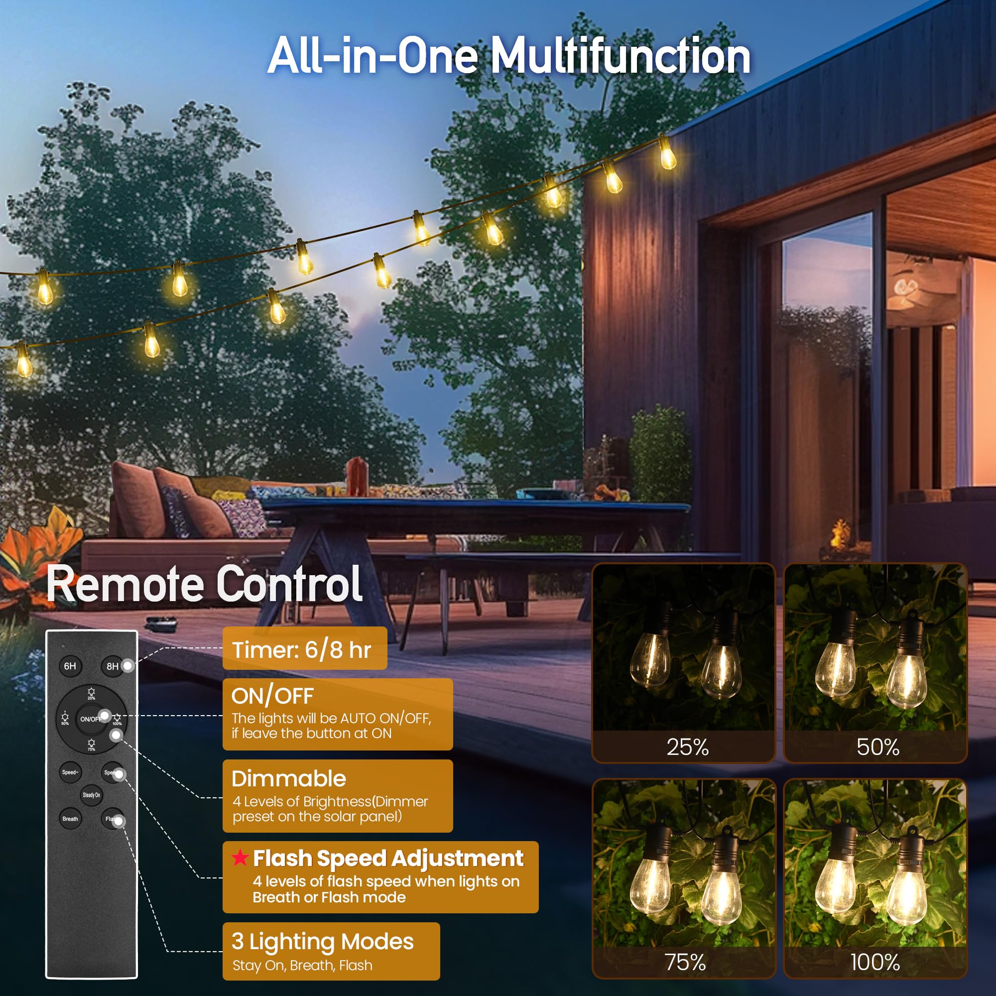 Aubverc Solar String Lights Outdoor Waterproof 54 Ft 24 Sockets 25 Leds Patio Lighting, Usb Charge & Remote Controlled Dimmer Timer, Solar Outdoor Lights For Patio Yard Outside Camping Party 2700K