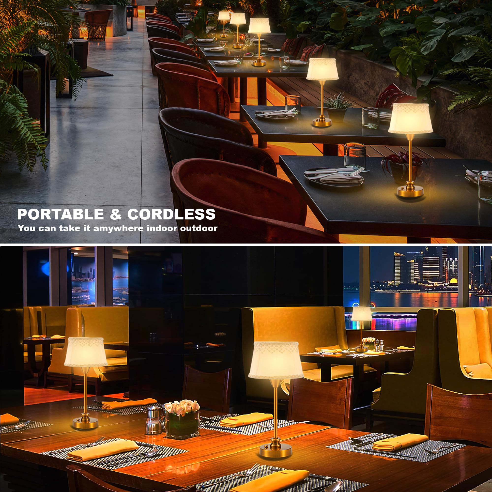 Umexus Rechargeable Cordless Table Lamp With Dimmer, Portable Small Battery Operated Lamp Outdoor, Touch Warm Light Ambient Lighting For Restaurant Patio Dining Side End Table Kitchen, Antique Brass