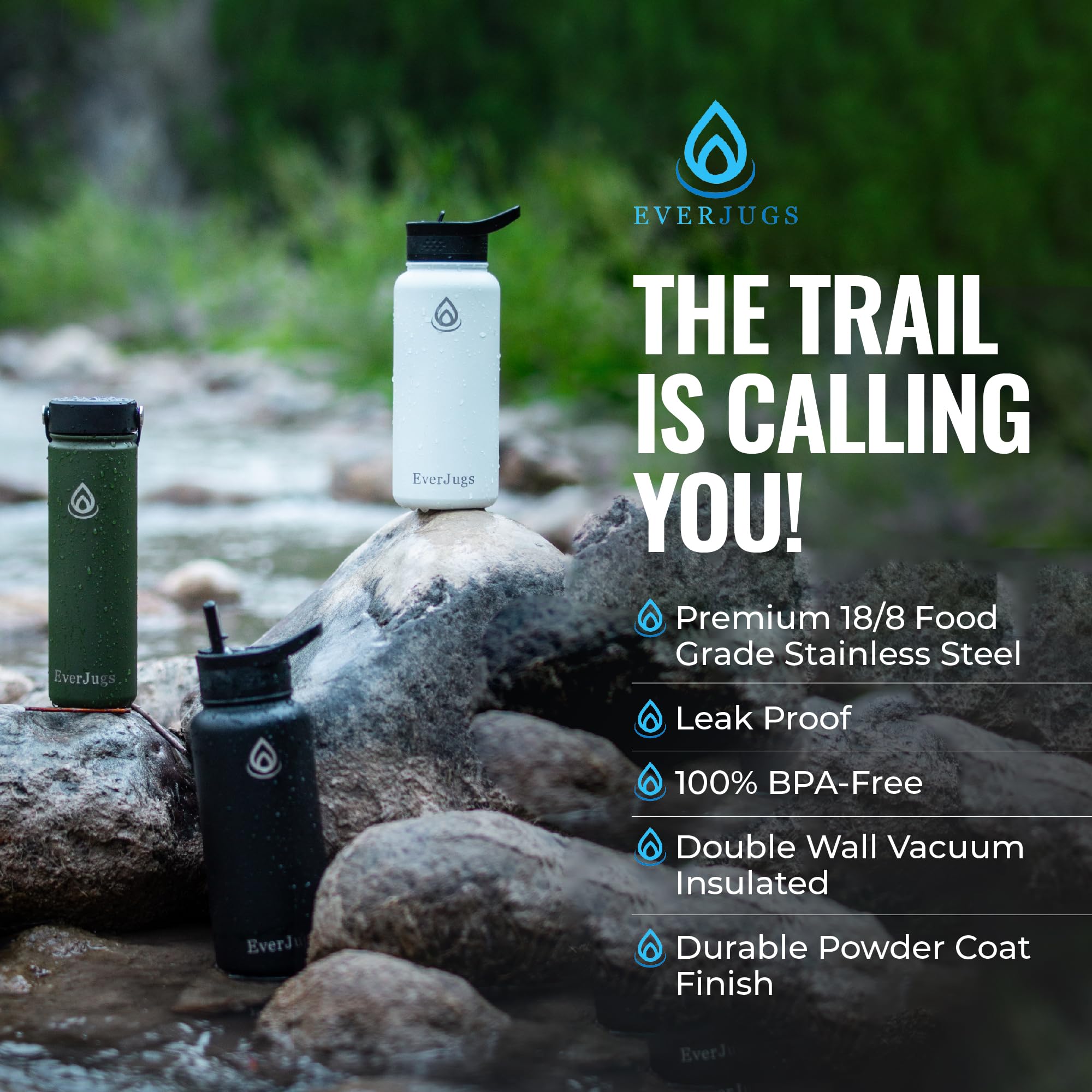 Water Bottle - 32 Oz, Wide Mouth, Premium Stainless Steel Bottle With Straw Lid, Double Walled