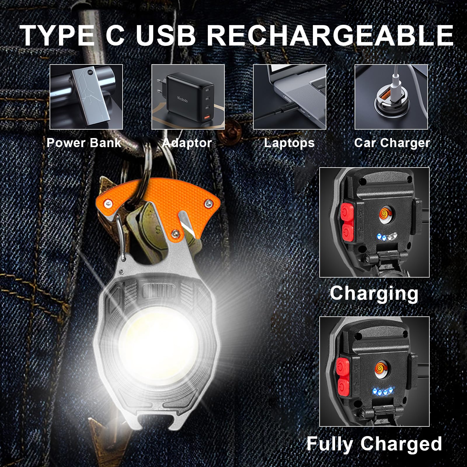 Letour 2 Pack Led Keychain Flashlight, 2000 Lumens Rechargeable Cob Waterproof Portable Led Work Light, 5 Light Modes, Pocket Light With Battery Display