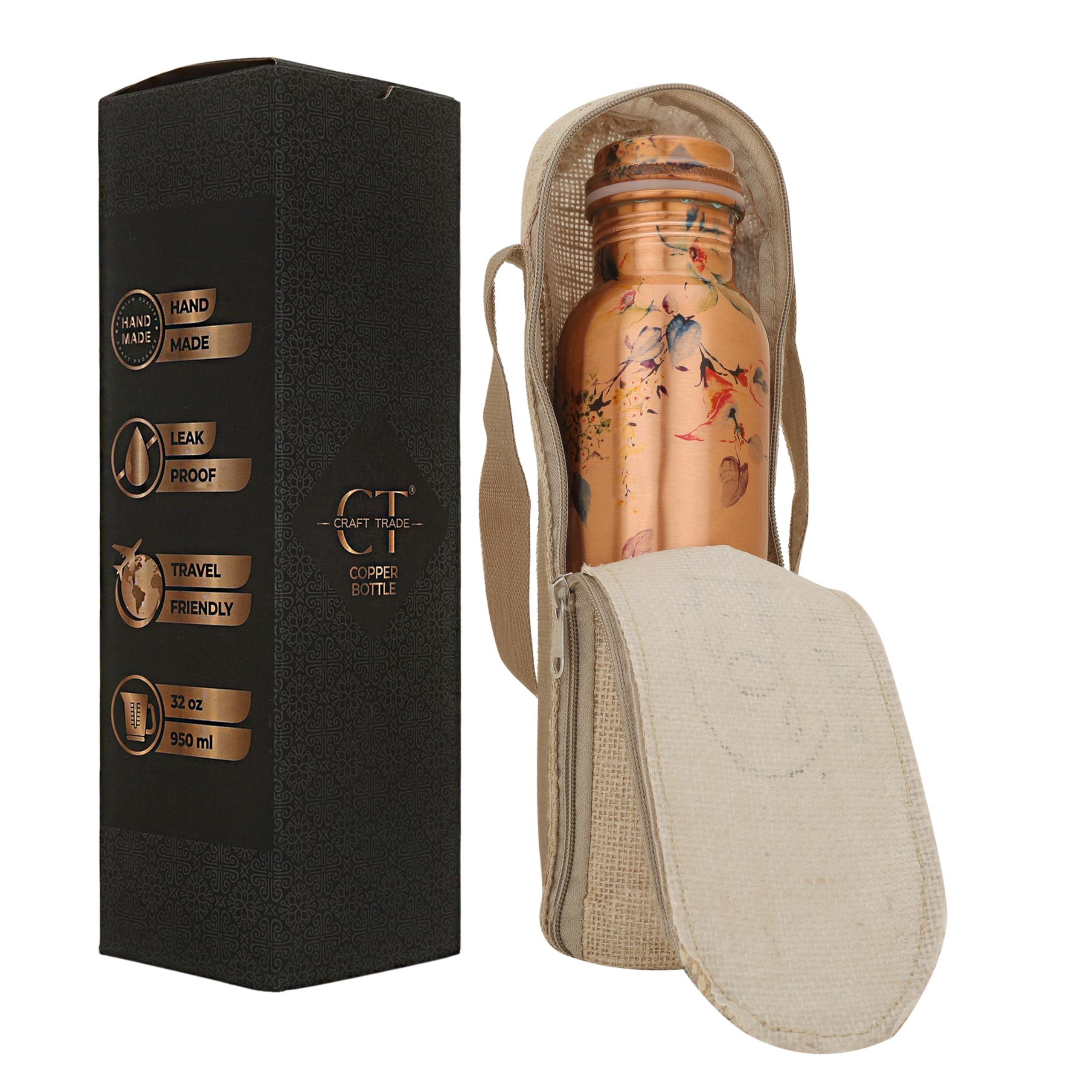 Craft Trade Printed Copper Bottle With Lid And Carry Bag For Drinking Water Leak Proof