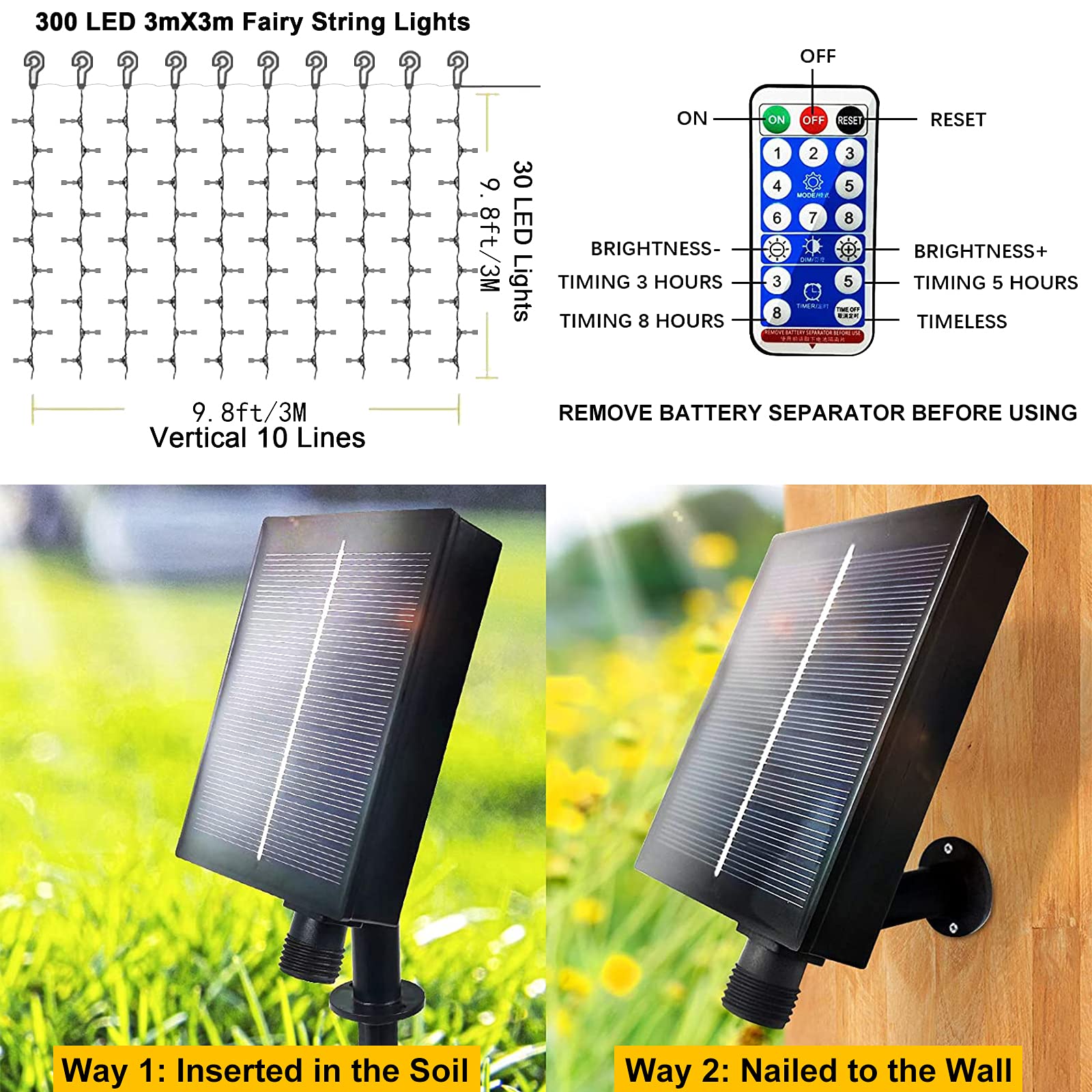Whywhife Solar Curtain Lights Outdoor Garden Fairy String Lights 300 Led 8 Modes Remote Control Waterproof Waterfall Lights For Gazebo Patio Party Festival Wedding Christmas Decorations(Warm)
