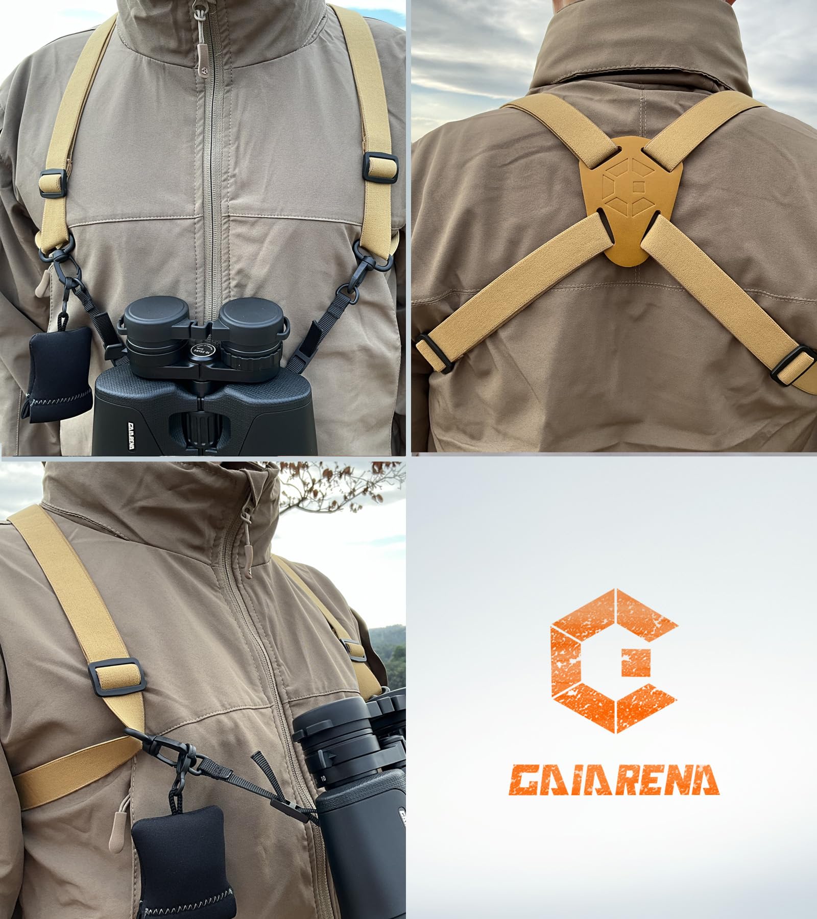 Gaiarena G Gaiarena Binocular Harness - Adjustable Cross Bino Strap For Hunting Hiking Birding With Lens Cleaning Cloth - Tan