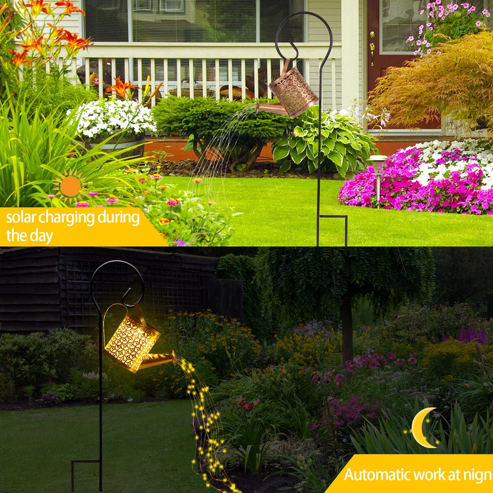 Qhcausuk Solar Watering Can With Lights, Small Outdoor Lanterns Hanging Waterproof Garden Decor, Retro Metal Kettle Solar Light For Table Patio Yard Pathway Walkway (With Install String Light)