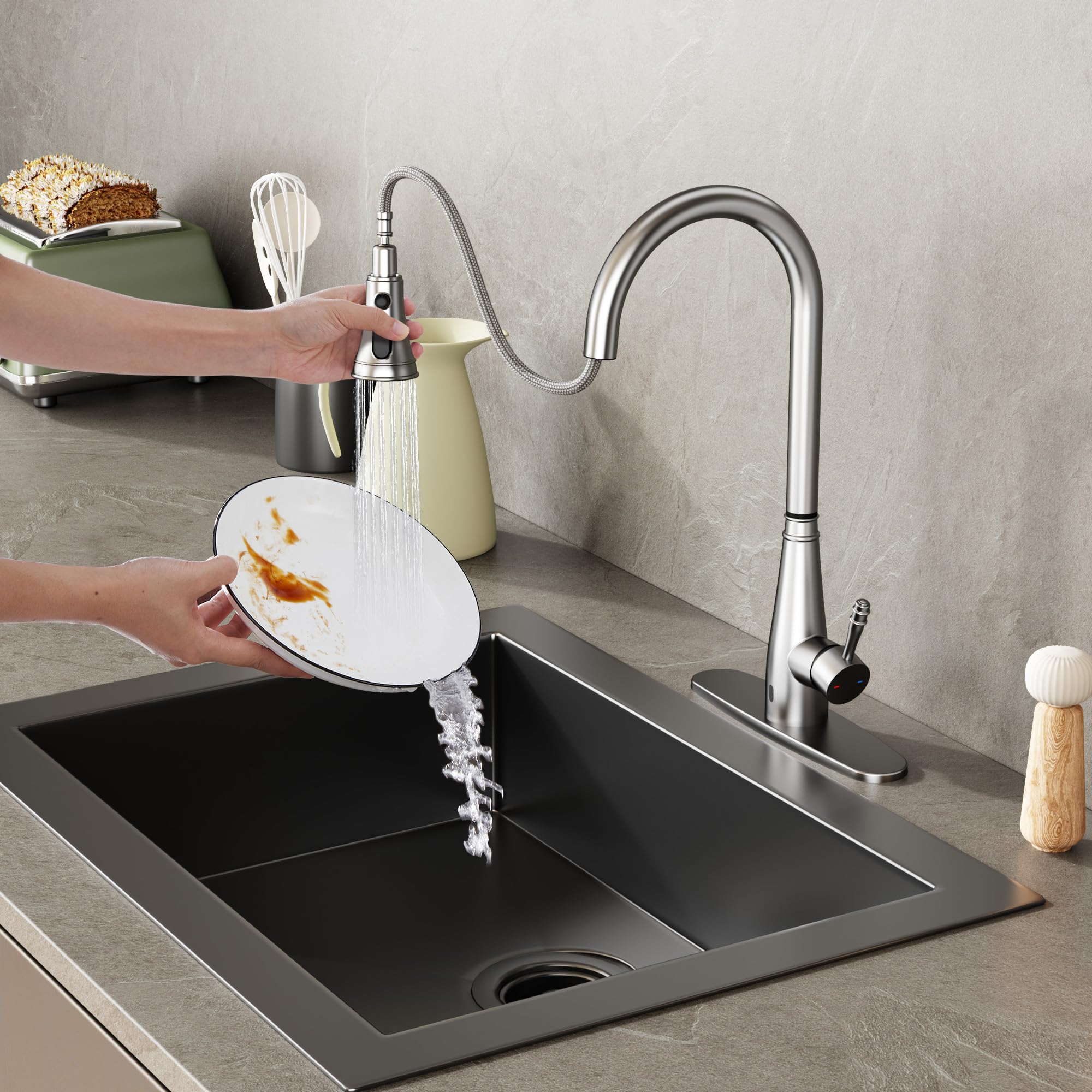Kpaida Touchless Kitchen Faucets, Pull Down Kitchen Faucet, Kitchen Faucet With Pull Down Sprayer, 360° Swivel Infrare Motion Sensor Hands , Brushed Nickel