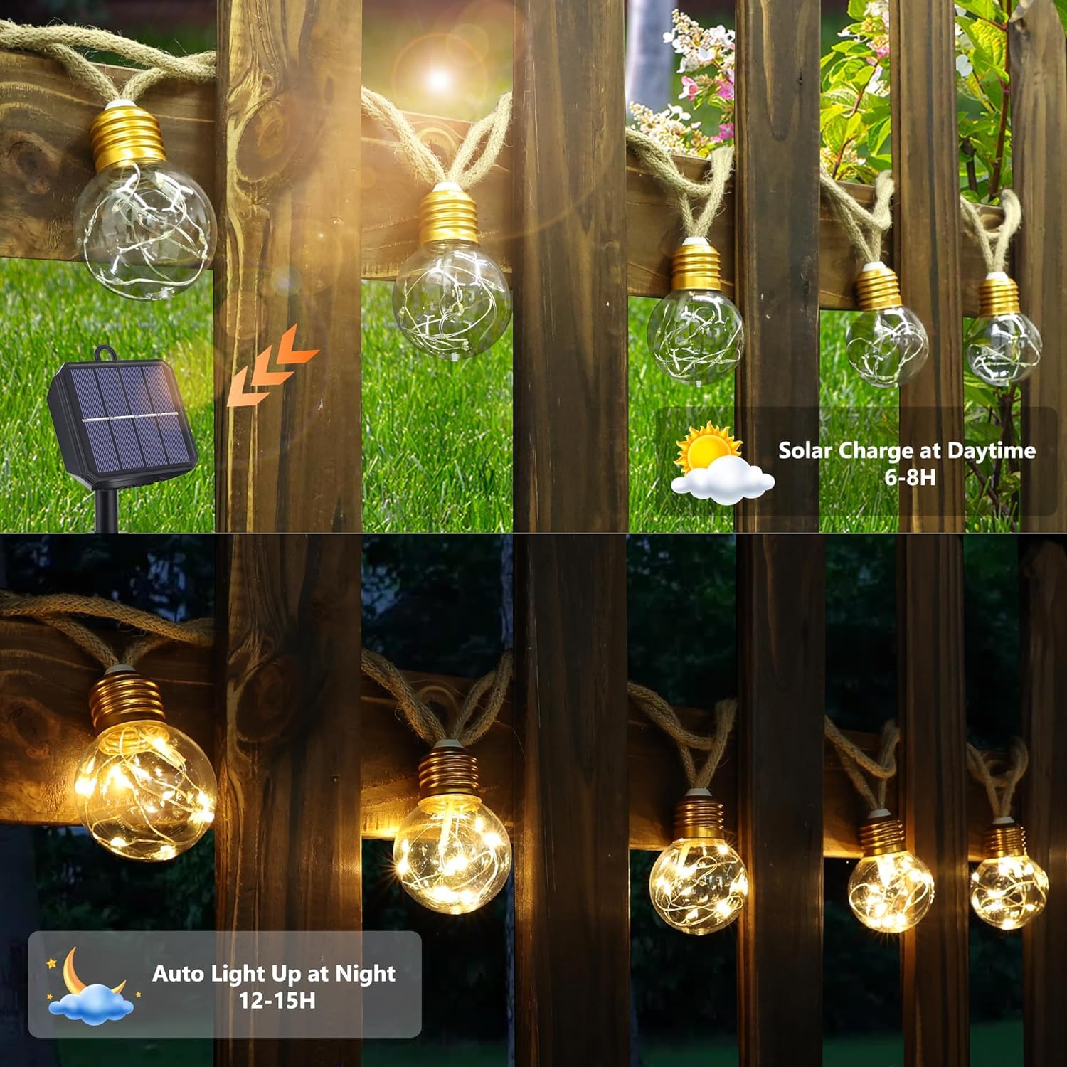 Ishabao Solar String Lights Outdoor, 20Ft Solar Patio Lights, Vintage Rope Hemp Solar Powered Globe Lights Waterproof With 8 Modes 16 Shatterproof Bulbs For Garden Fence Balcony Cafe Bistro Party-Warm White