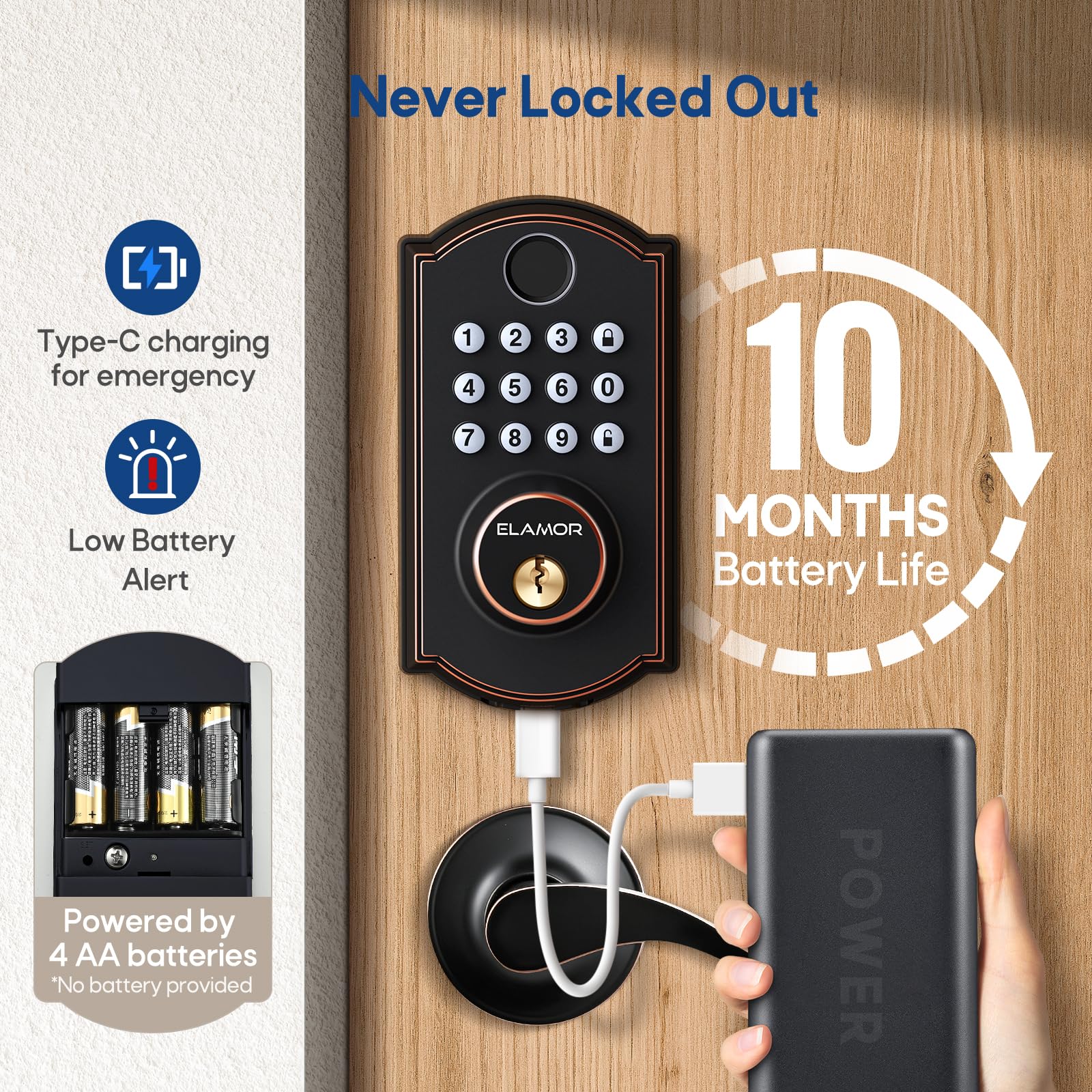 Elamor M19 Fingerprint Door Lock With 2 Lever Handles, Keyless Entry Door Lock, Automatic Locking, Easy To Install, Electronic Keypad Deadbolt With Code, Front Deadbolt Handle Sets, Oil Rubbed Bronze