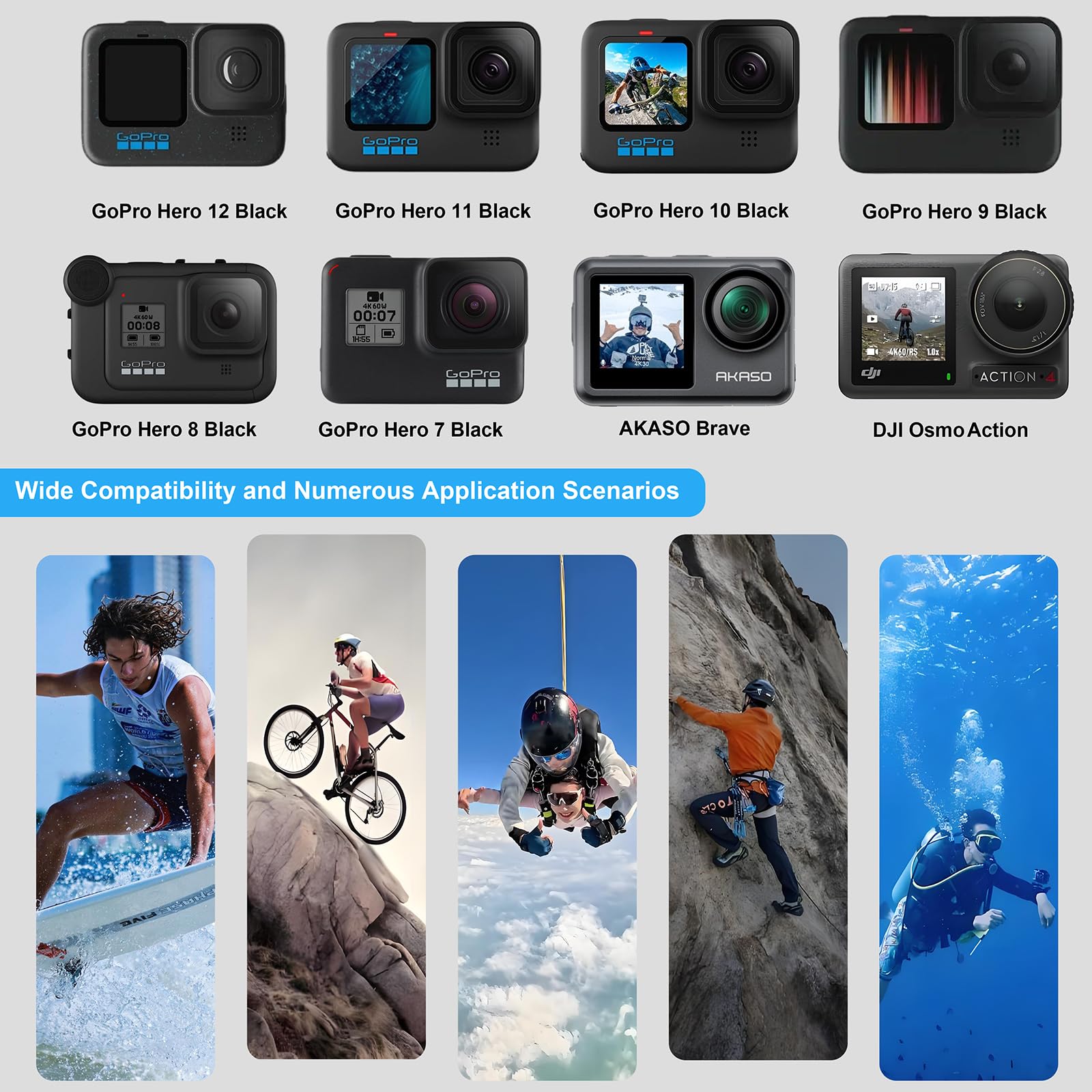 La Nreucets Action Camera Accessory For Gopro Hero 12/11/10/9/8/7/6/5 Akaso Ek7000 Insta360 X2 X3 Dji Osmo 4 3 2 Dbpower Apeman Yi Victsing