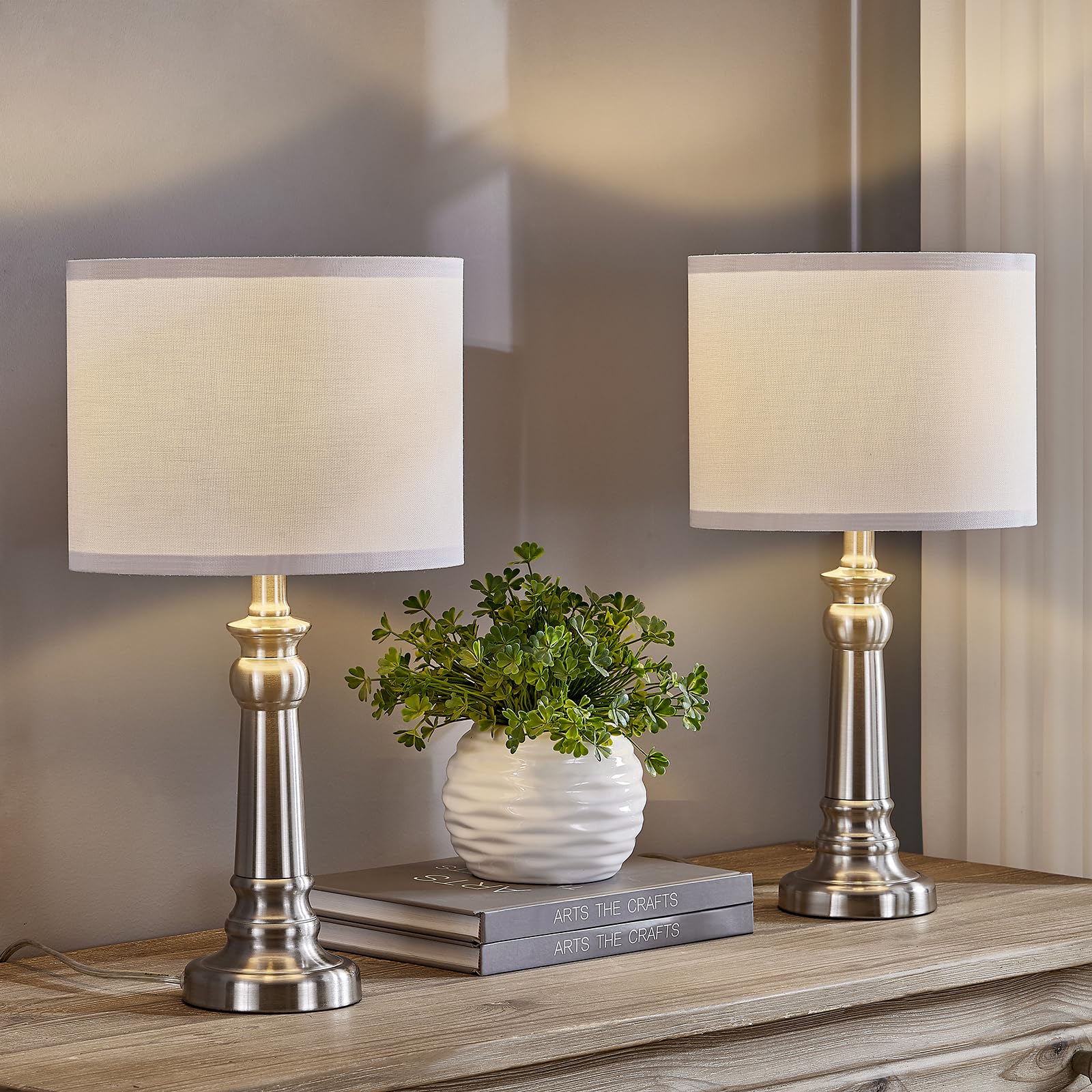 Ltgsrc Table Lamps For Living Room, Modern Bedroom Lamps Set Of 2 With Nickel Metal Base White Round Shades For Reading, Decor Silver Lamps For Night Stands, Led Bulbs Included