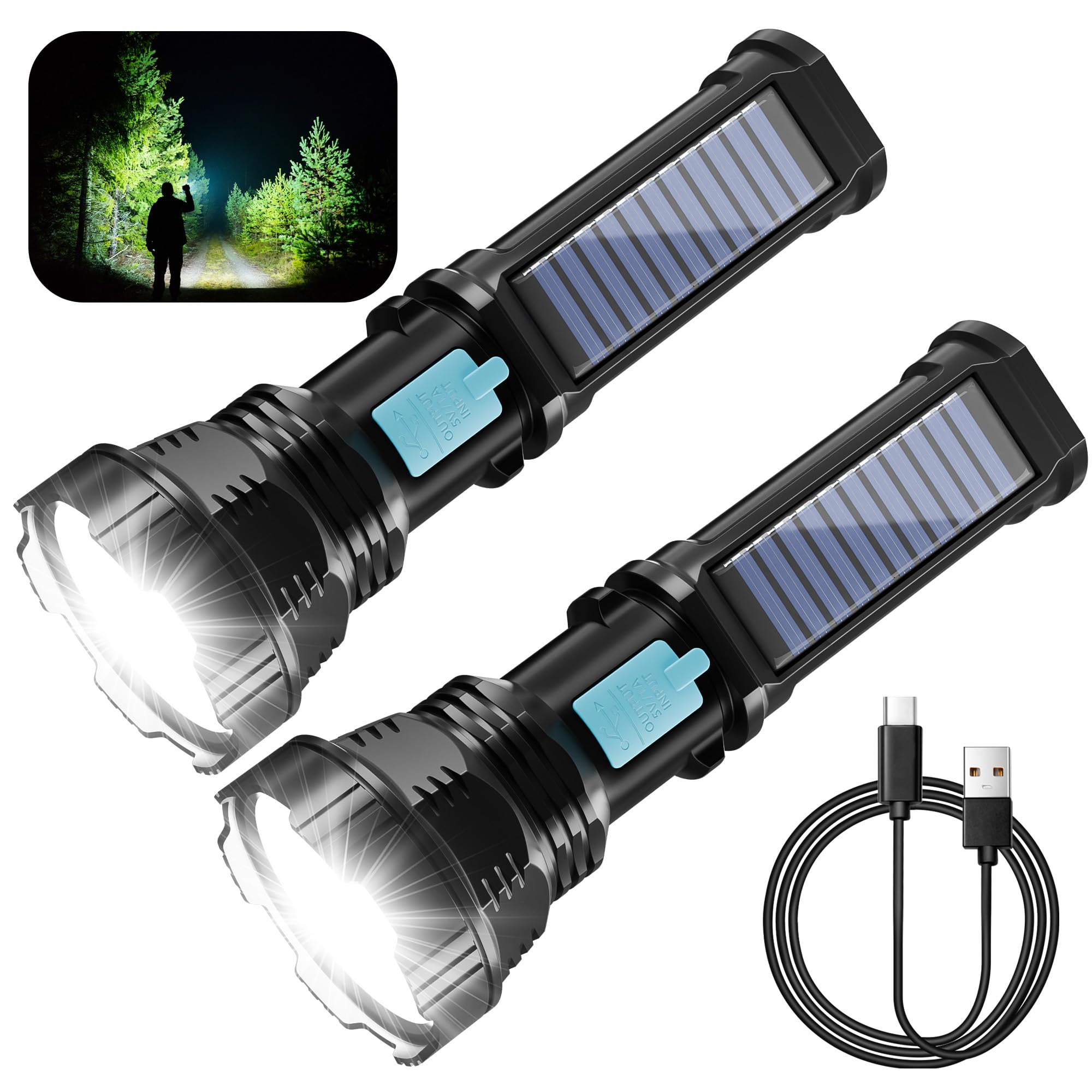 Rumiom Solar/Rechargeable Led Flashlights, Multi Function Flashlight With 2000 Mah Battery, Emergency Strobe Light, Waterproof, Fast Usb Charging, Survival Gear And Supplies For Camping, 2 Pack