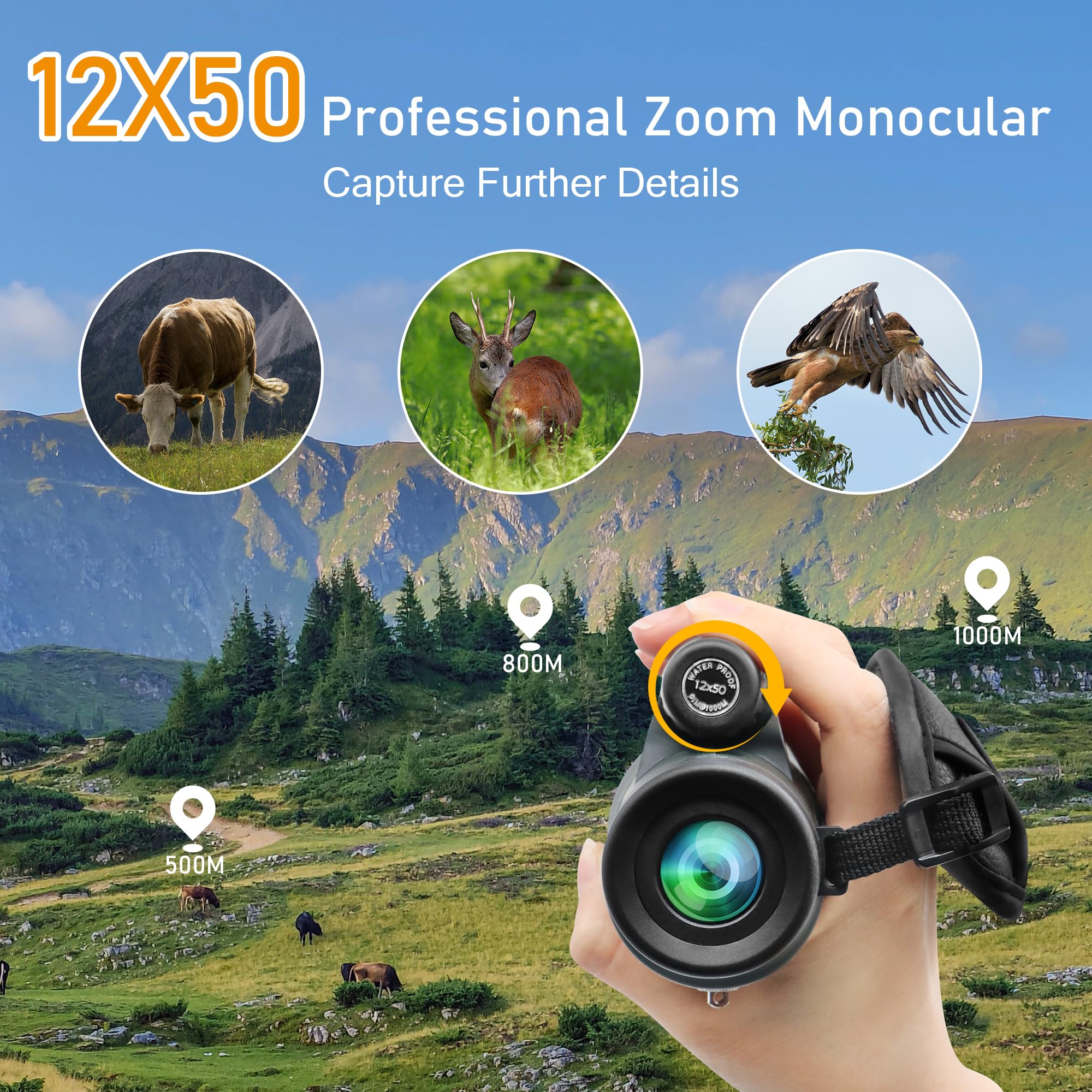 Astromania 12X50 Bak4 High Power Prism Monoculars, Waterproof, Compact Handheld Monoscope For Bird Watching, Sporting Events, Traveling  For Men