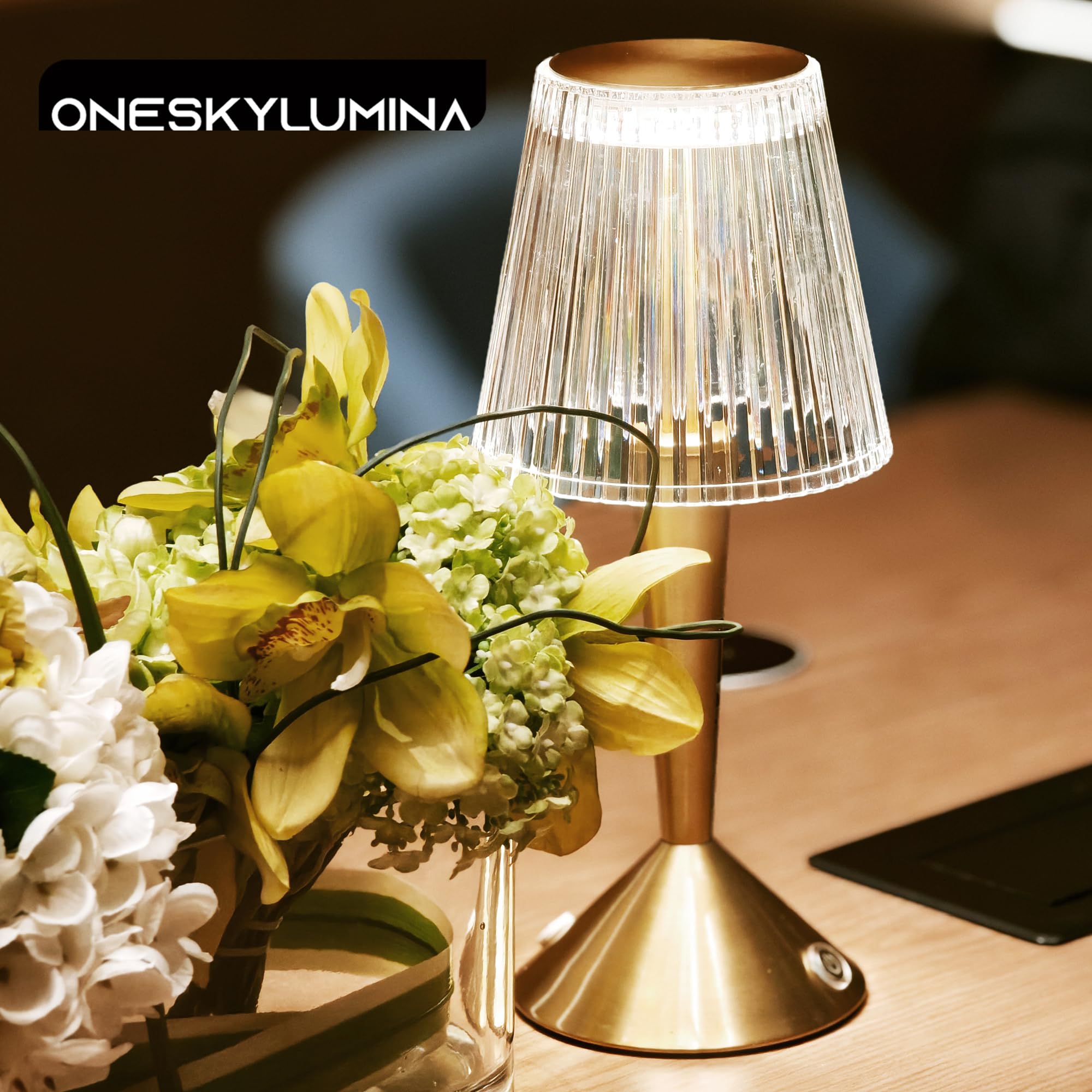 Oneskylumina Cordless Table Lamp, Gold Base, Clear Shade Touch Control Desk Lamp For Bedroom Living Room (Gold)