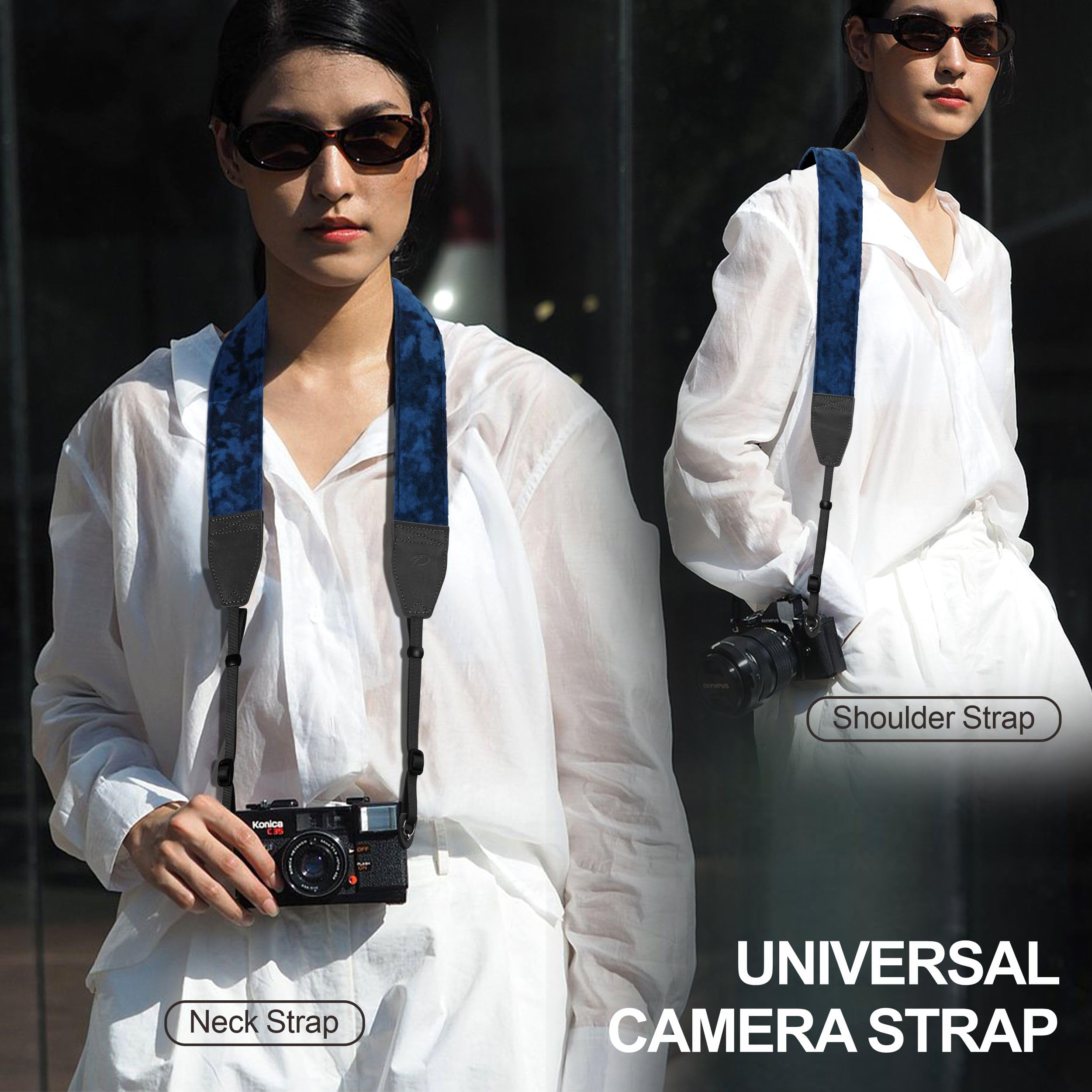 Padwa Lifestyle Velvet Camera Strap - 2" Wide Full Grain Cowhide Head Soft Velvet Straps For Photographers,Complimentary 2 Pcs Quick Release For All Dslr,Mirrorless Cameras,Binoculars - Dark Navy Blue