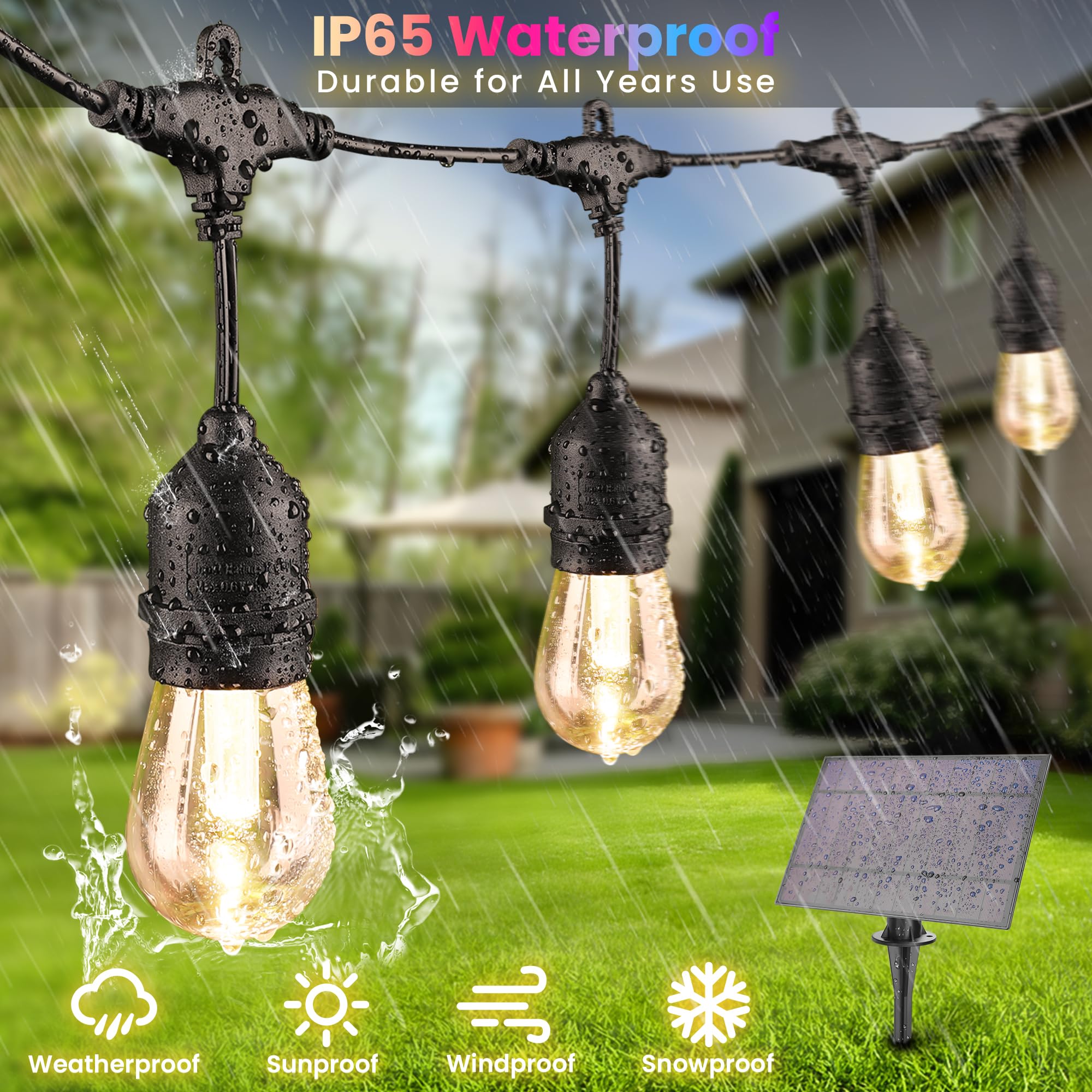 Larkvue 100Ft(2X50Ft) Rgb Solar Outdoor String Lights With Remote, Multicolor&Warm White Dimmable Waterproof Patio Lights With 30 Led S14 Bulbs-Black